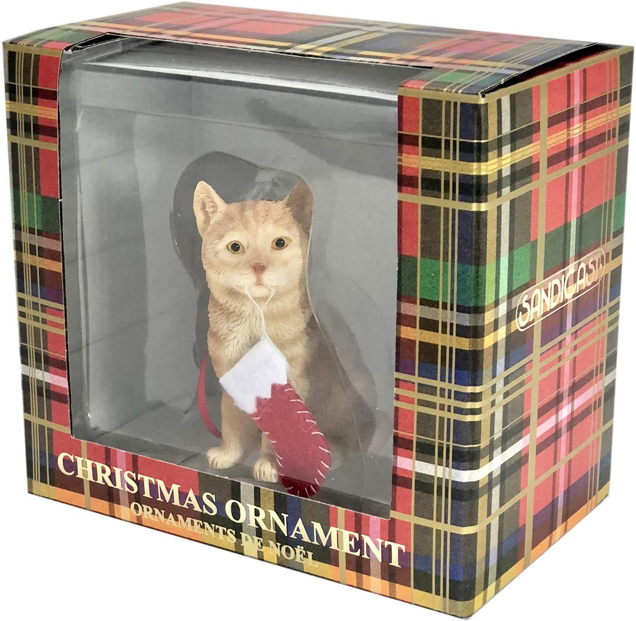 Hand-Painted Ginger Tabby Cat Christmas Ornament with Stocking