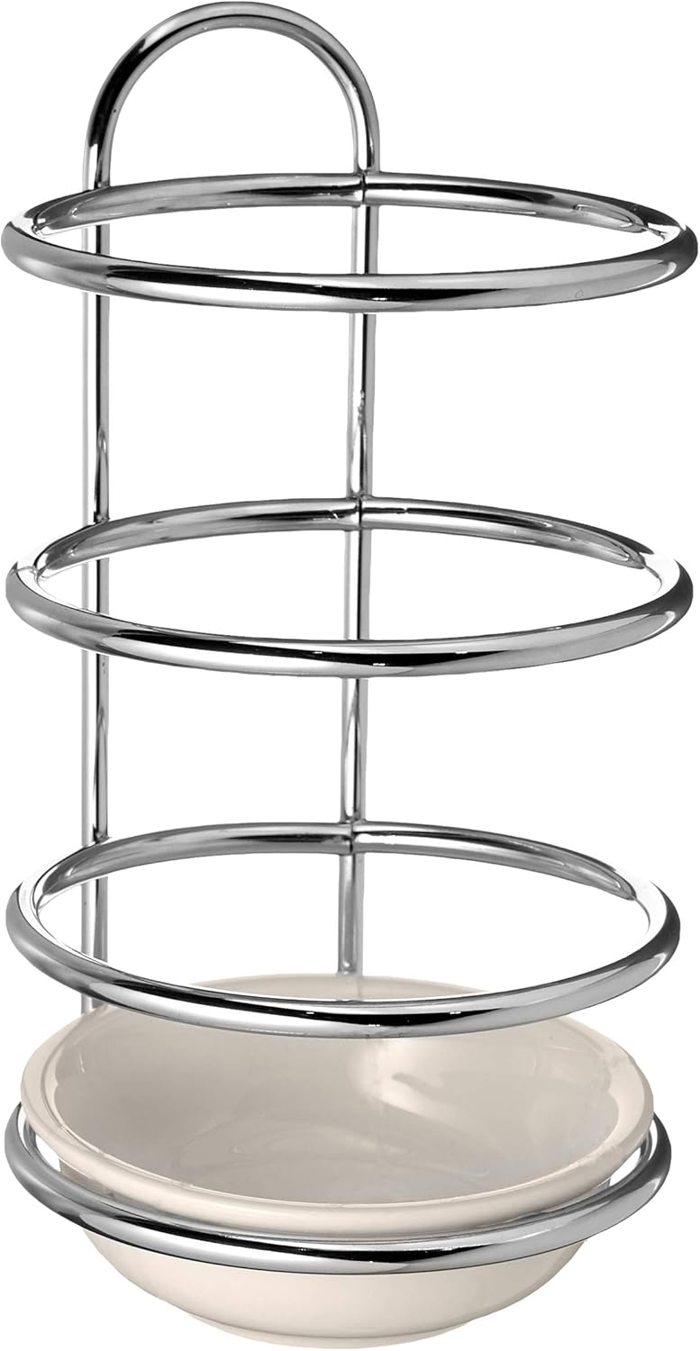 Spectrum Upright, Standing Spoon Rest With Ceramic Dish Utensil Holder for Stovetop & Kitchen Counter Organization, Modern Vertical Design, Chrome/White