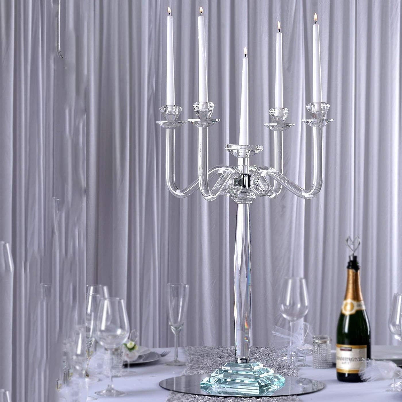 Efavormart 27" Tall Handcrafted Gem Cut 5 Arm Crystal Modern Glass Candelabra Candle Holder Wedding Centerpiece