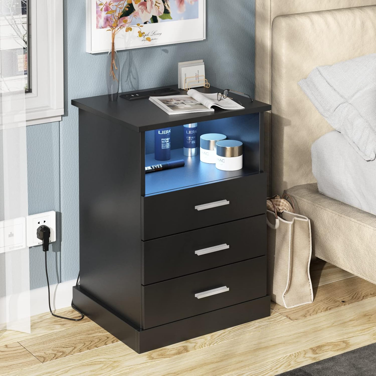 Afuhokles Black LED Nightstand with Charging Station, Night Stand 3 Drawers with Open Storage, Side Table with USB Ports and Outlets
