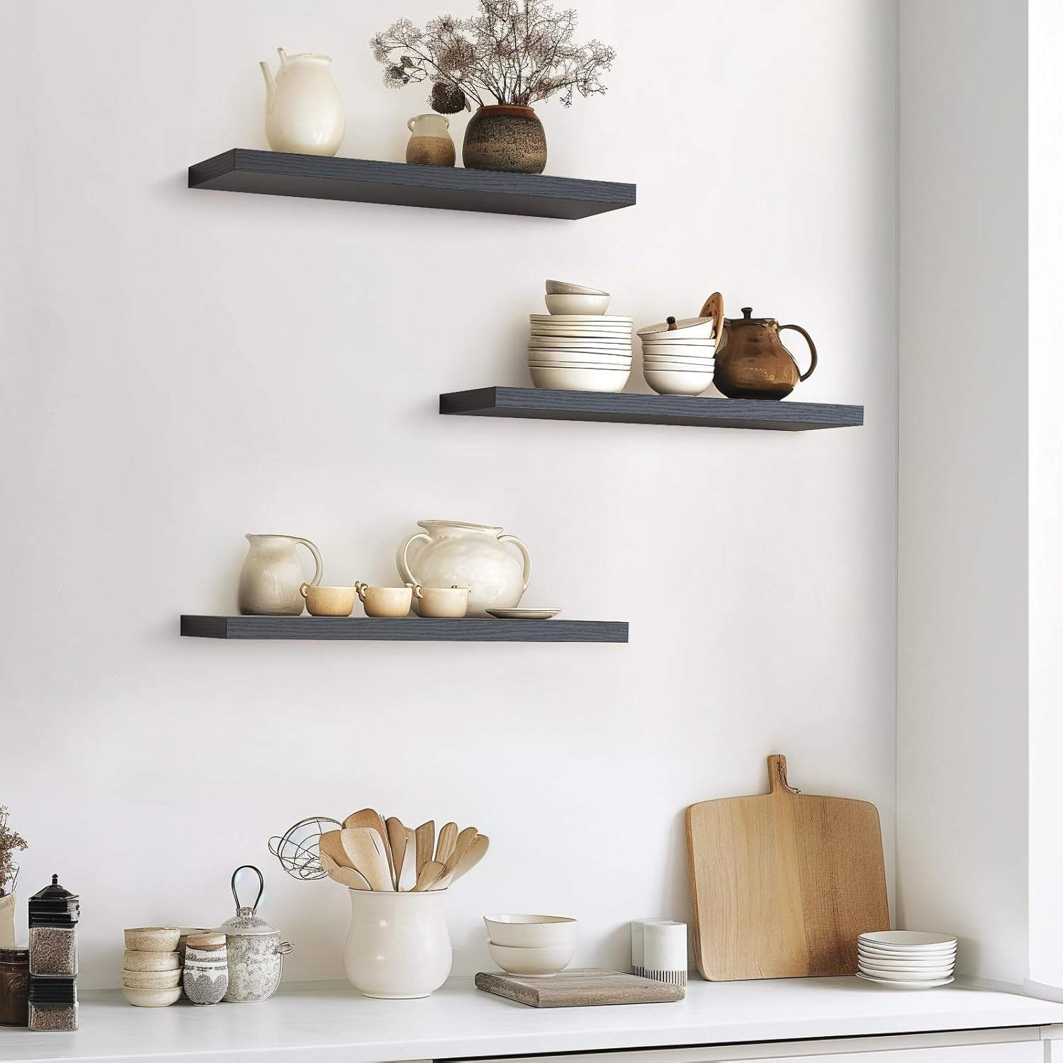 BAYKA Floating Shelves for Wall, 22.5 inches Wall Mounted Rustic Wood Shelves for Bathroom, Bedroom, Living Room, Floating Shelves for Books/Storage/Decor with 22lbs Capacity(Black,Set of 3)