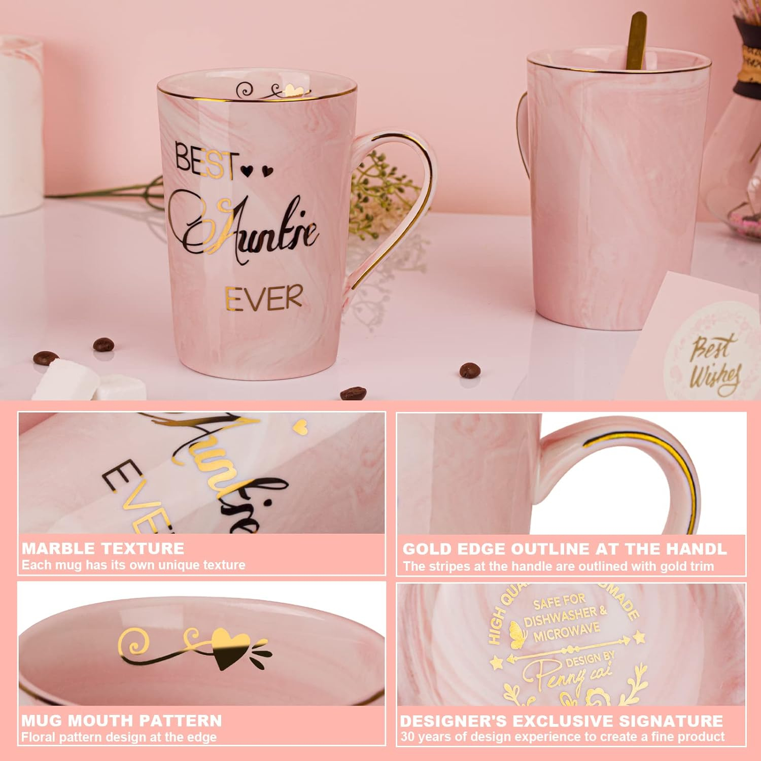 Aunt Gifts from Niece, Nephew - Best Aunt Ever Gift Mug - Happy Birthday Mothers Day Gifts for Auntie - Marble Ceramic Auntie Coffee Mug Gifts Box Printed Gold 14 Oz Pink