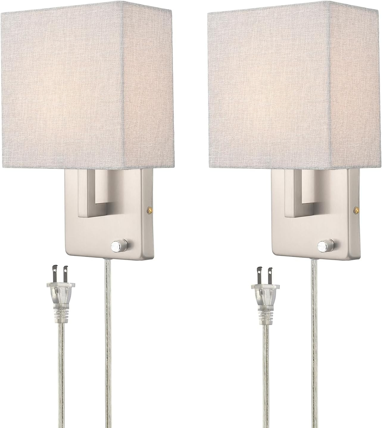 Claxy Brushed Nickel Plug in Wall Sconce with Square Fabric Shade and Switch Set of 2