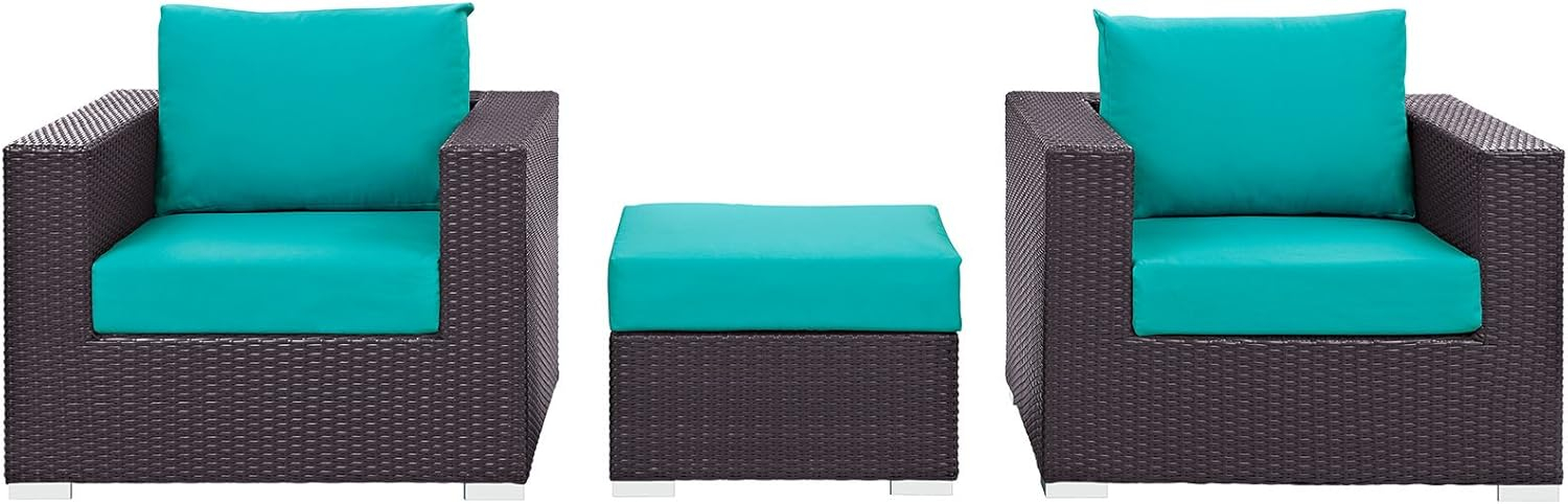 Modway Convene Wicker Rattan 3-Piece Outdoor Patio Furniture Set in Espresso Turquoise