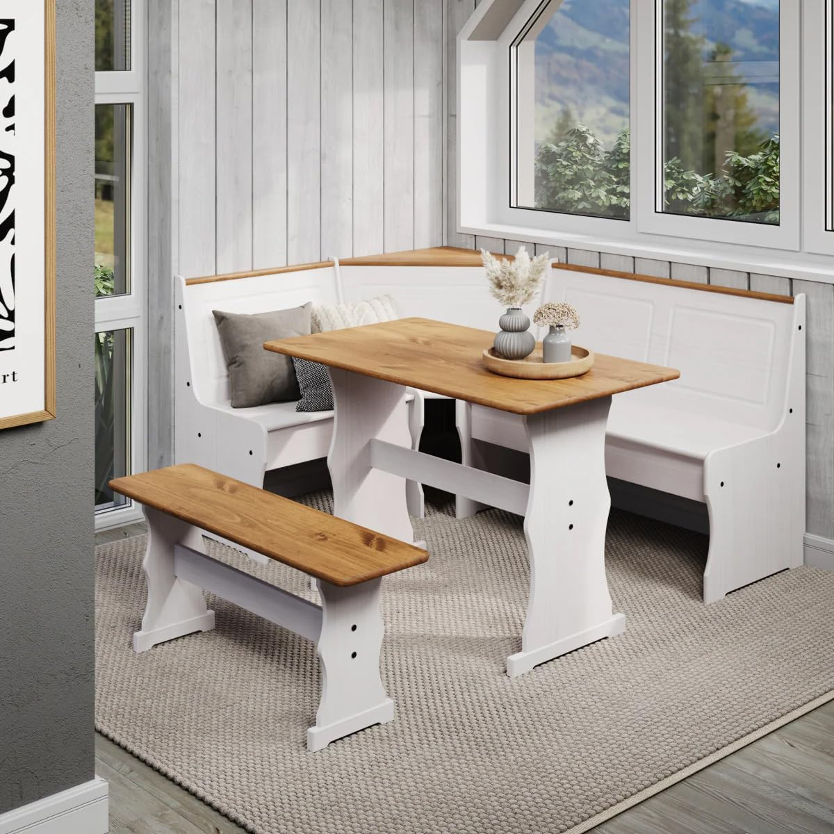 OS Home and Office Furniture Solid Pine Corner Dining Booth in White