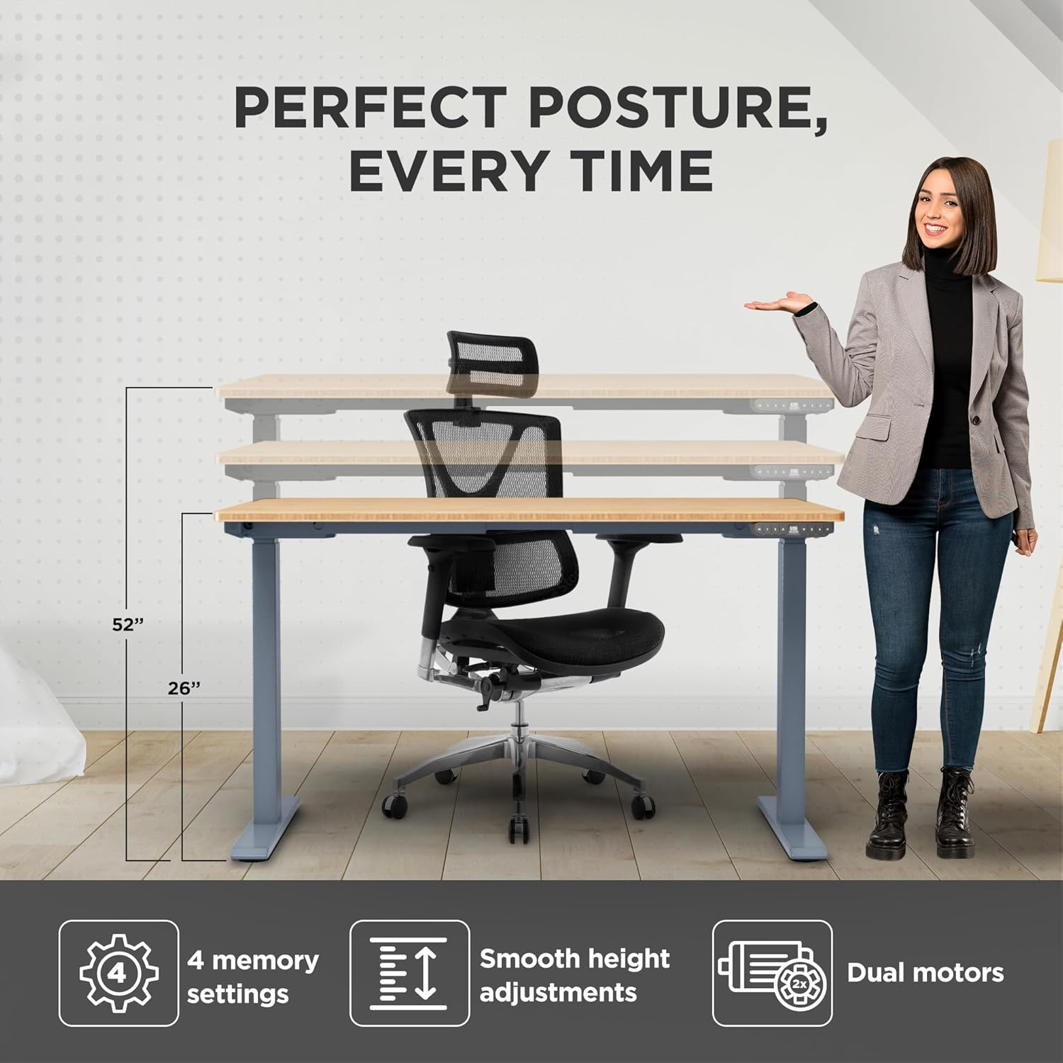 Rise UP Electric Standing Desk adjustable height desk 24-49" dual motor one piece 60x30" bamboo desktop height adjustable desk adjustable standing desk stand up desk sit to stand desk rising desk