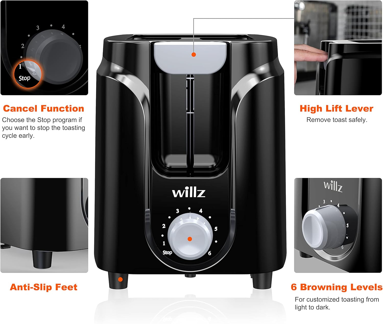 Willz 2-Slice Toaster, Extra Wide Slot with 6 Browning Levels, Small Toaster for Bread, Removable Crumb Tray, Auto Shut-off & Easy Clean, Black