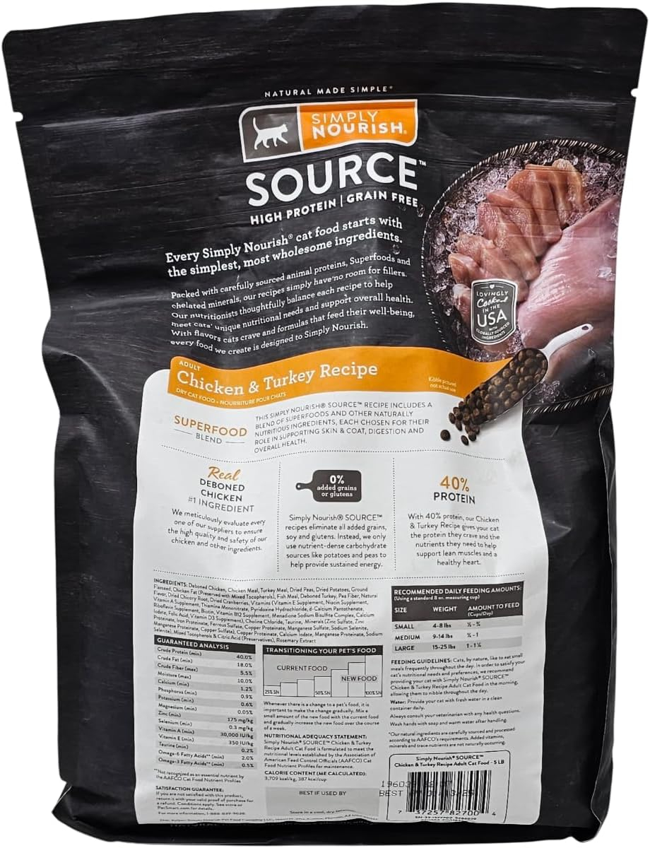 SIMPLY NOURISH Source High Protein, Grain Free Adult Chicken and Turkey Dry Cat Food, 5 Pound Bag