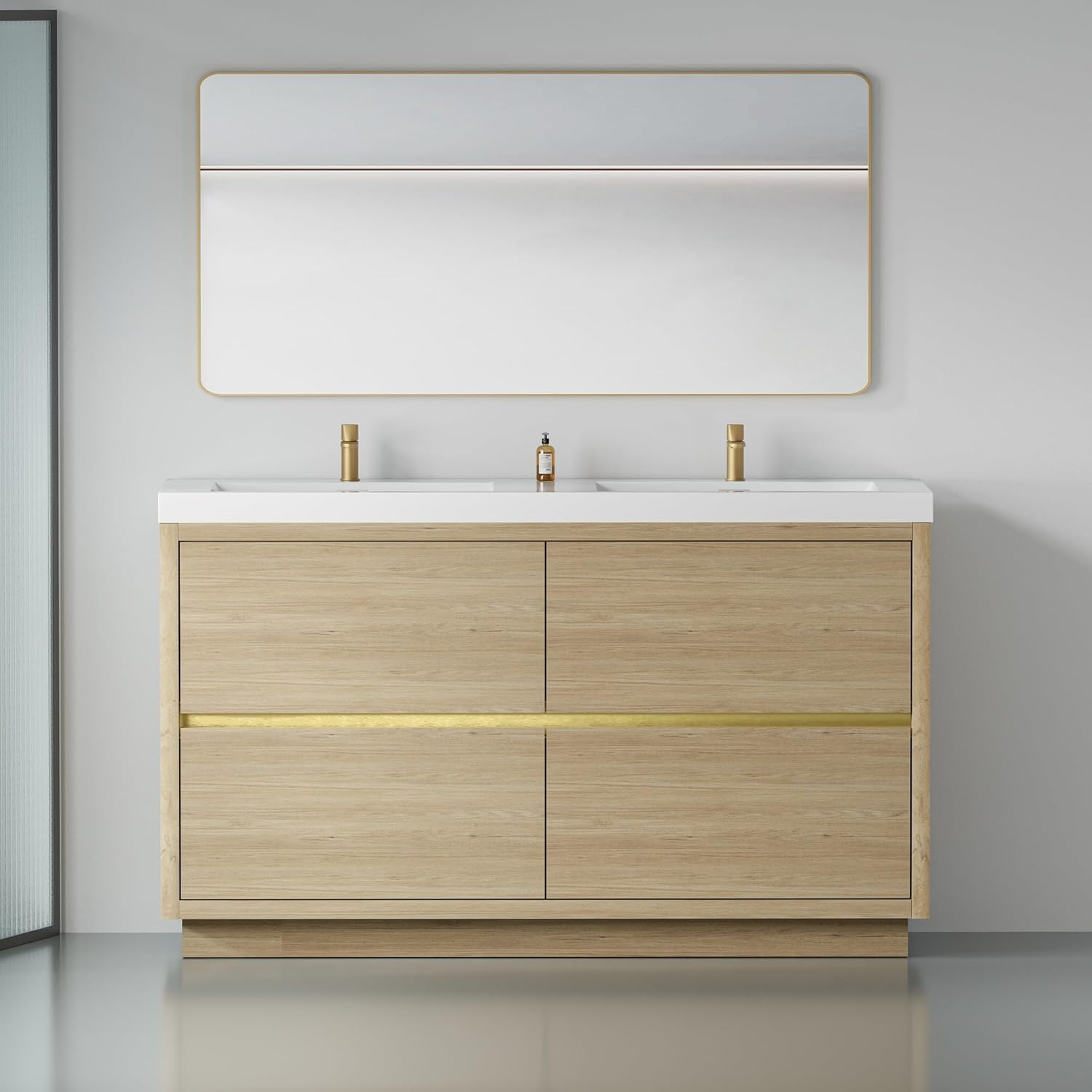 Natural Oak Freestanding Double Sink Bathroom Vanity with White Resin Countertop