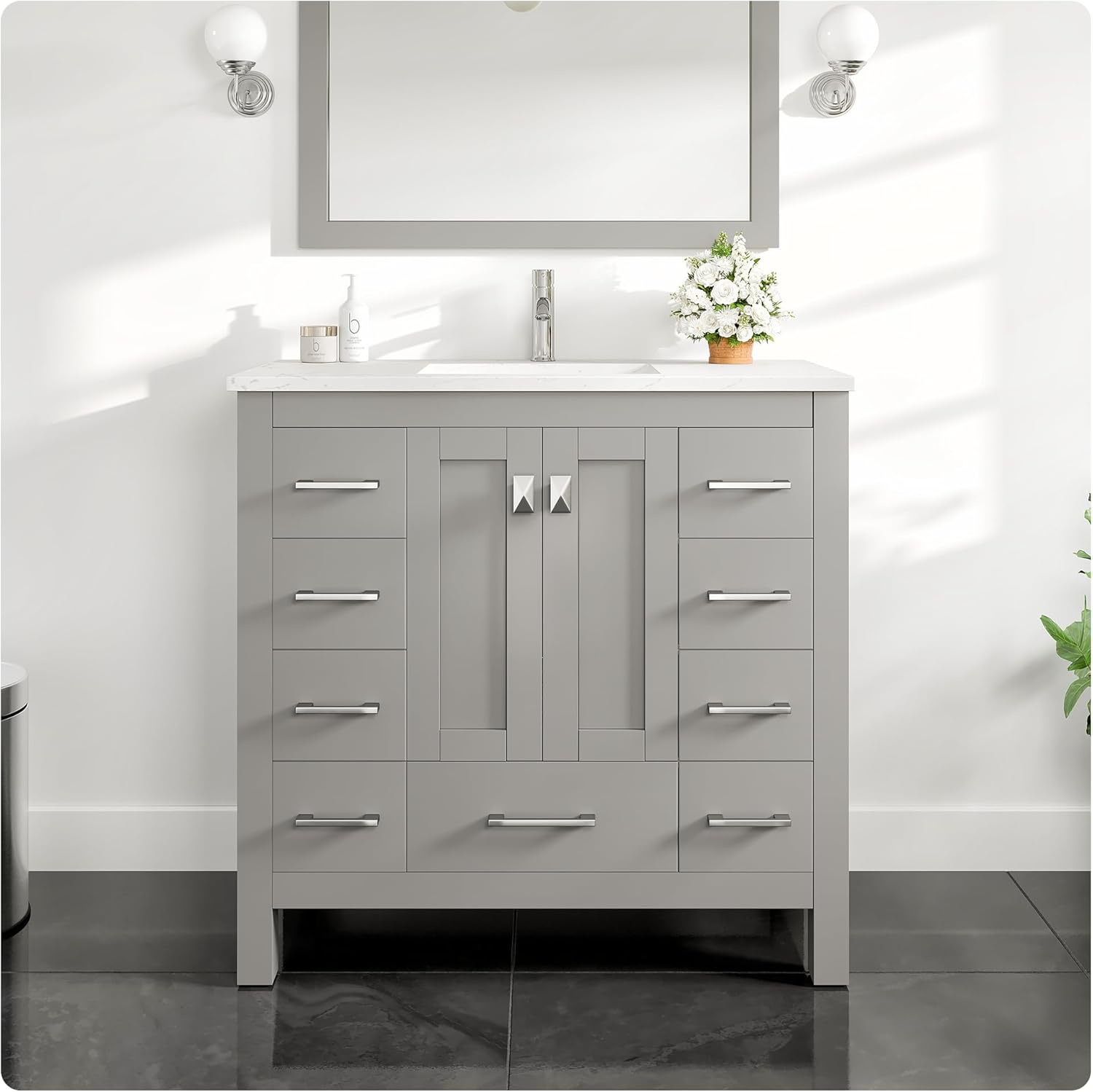 Eviva Hampton 36" Gray Transitional Bathroom Vanity w/ White Carrara Top