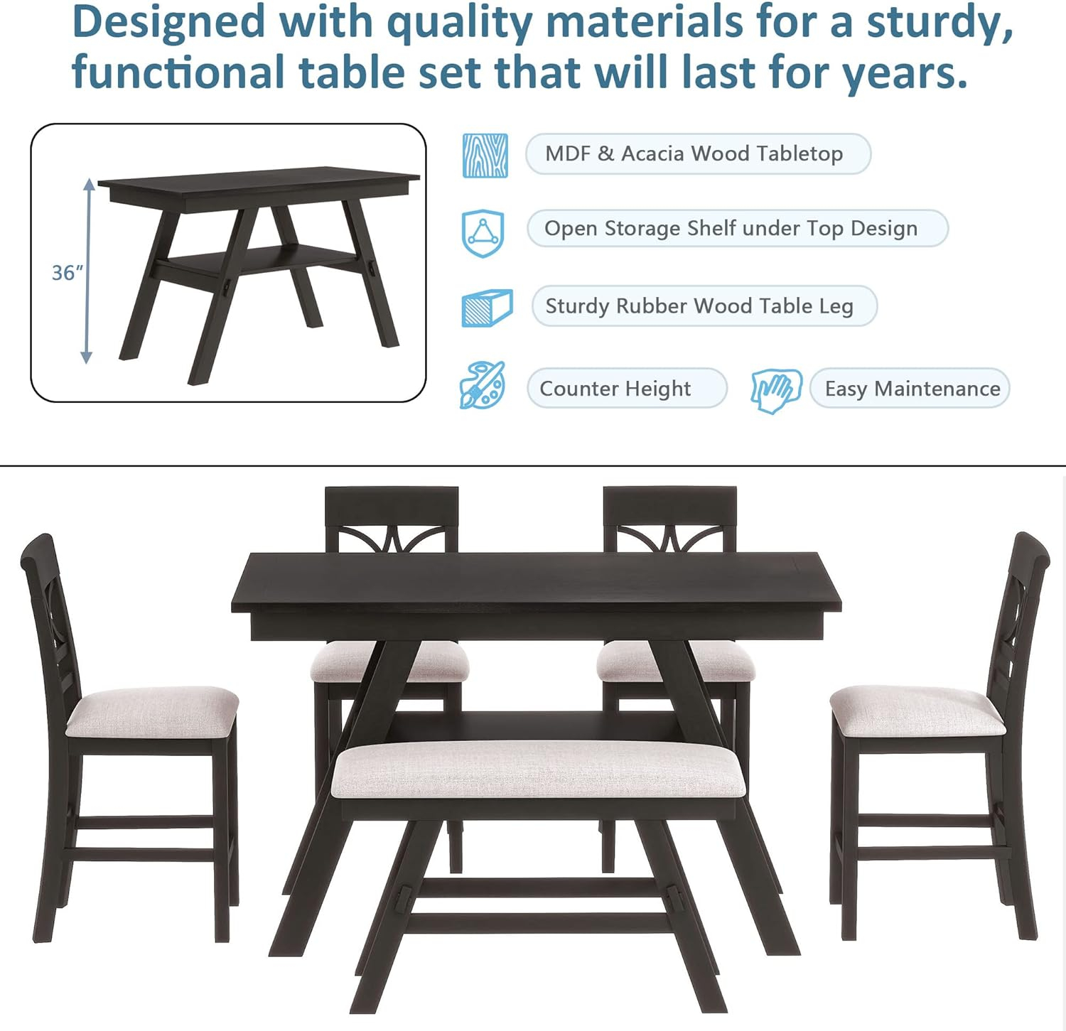 6-Piece Wood Counter Height Dining Table Set with Storage Shelf, 4 Beige Cushion Chairs and Bench, Rustic Style, Espresso