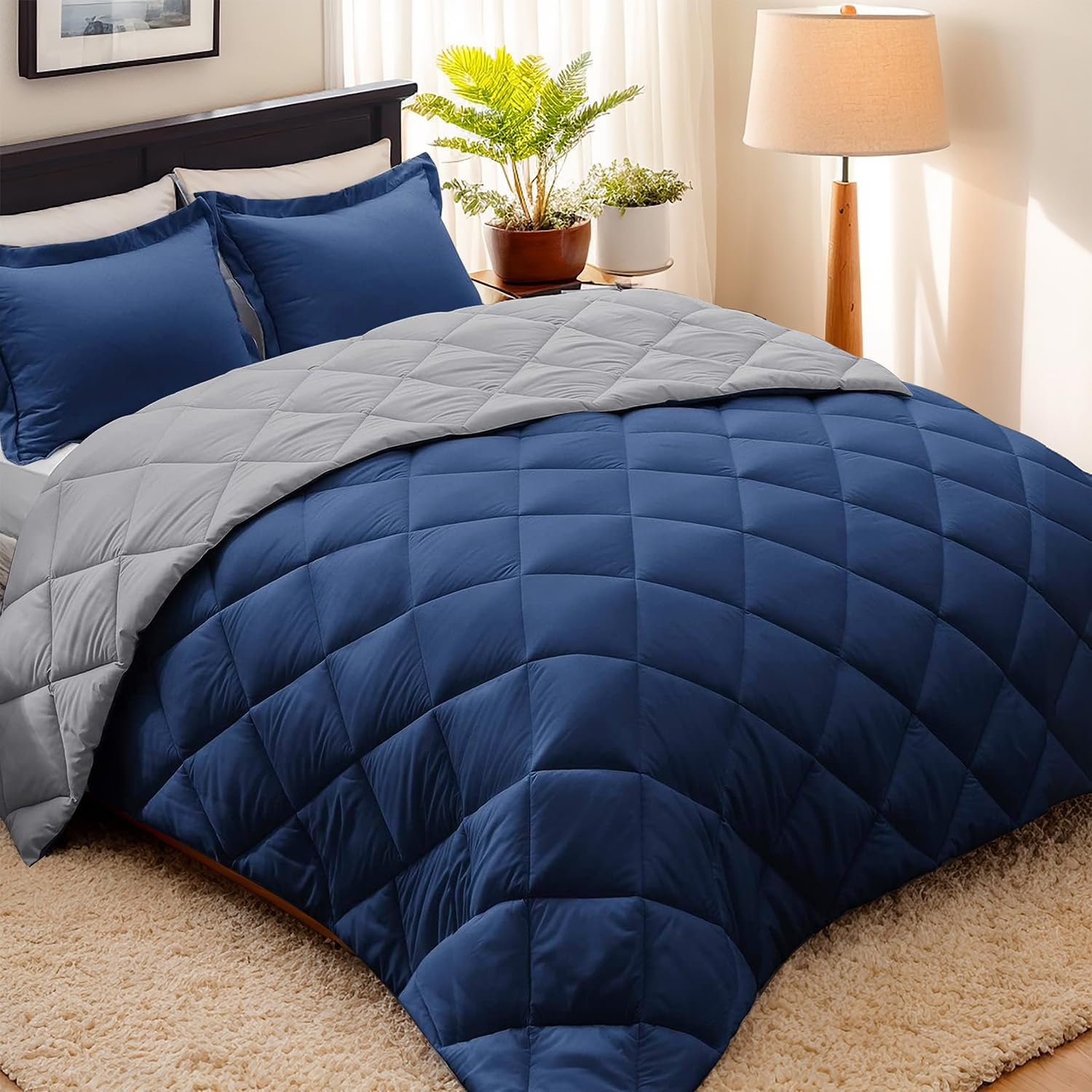 Navy and Light Gray Reversible Queen Microfiber Comforter Set