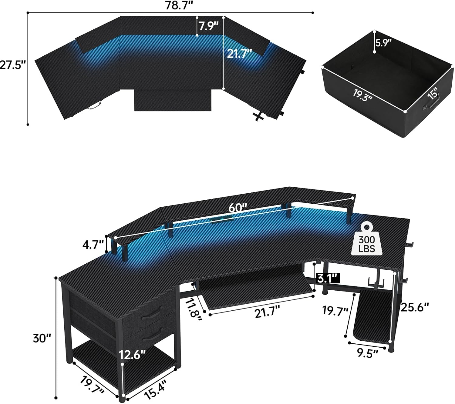 79" Gaming Desk, Computer Desk with 2 Fabric Drawers & LED Light, L Shaped Gaming Desk with Storage Shelf for Home Office, Carbon Fiber Black