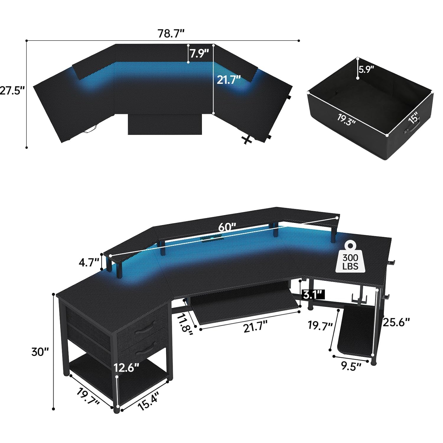 79" Gaming Desk, Computer Desk with 2 Fabric Drawers & LED Light, L Shaped Gaming Desk with Storage Shelf for Home Office, Carbon Fiber Black