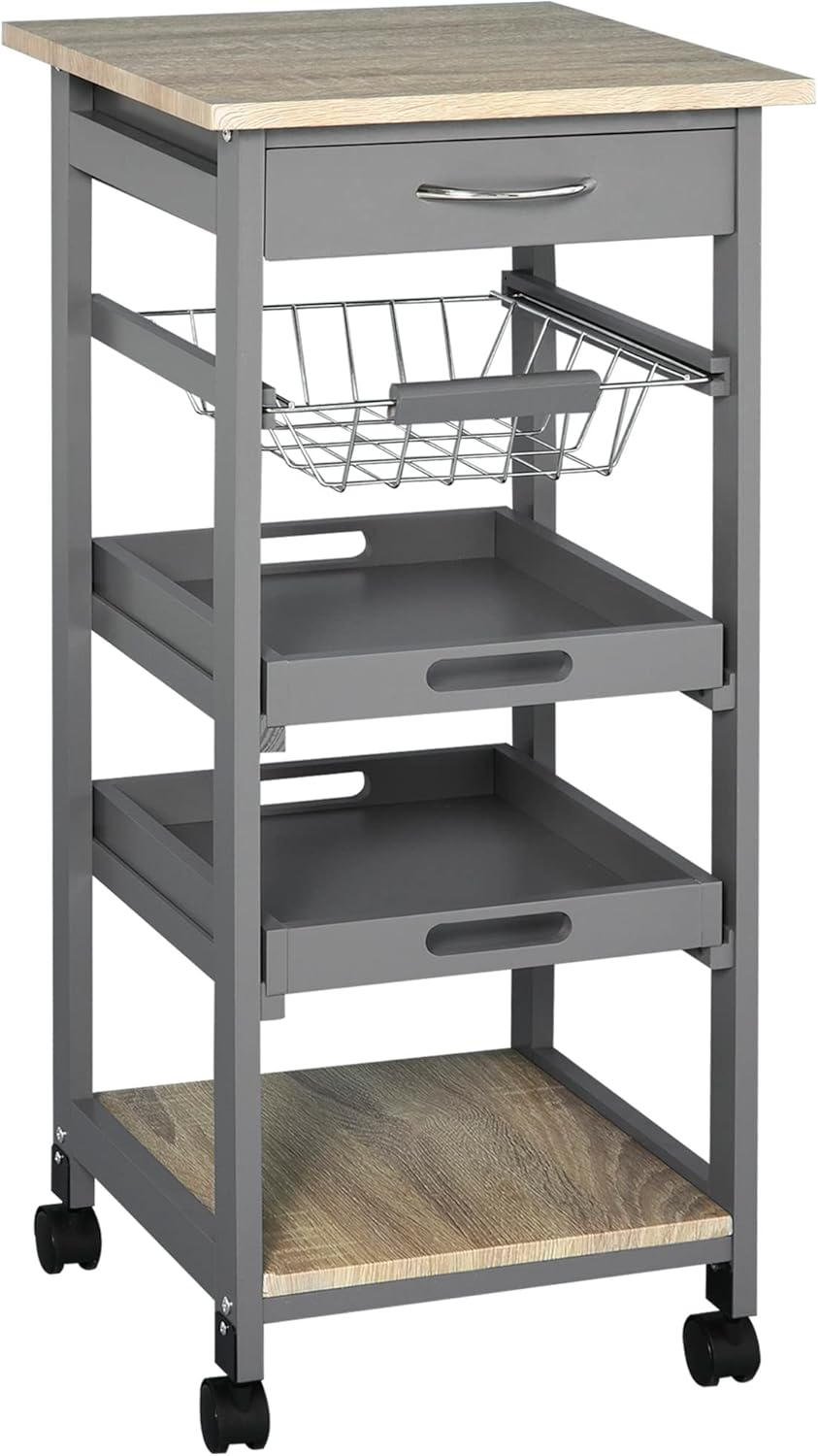 HOMCOM Mobile Rolling Kitchen Island Trolley Serving Cart with Underneath Drawer & Slide-Out Wire Storage Basket, Grey