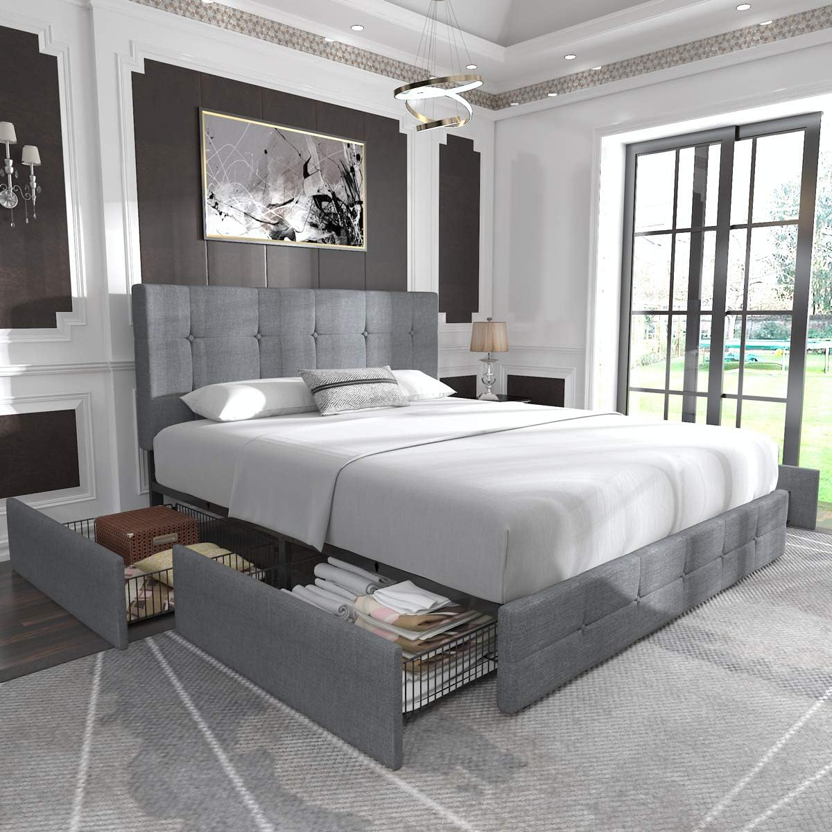 Allewie Upholstered Full Size Platform Bed Frame with 4 Storage Drawers and Headboard, Square Stitched Button Tufted, Mattress Foundation with Wooden Slats Support, No Box Spring Needed, Light Grey