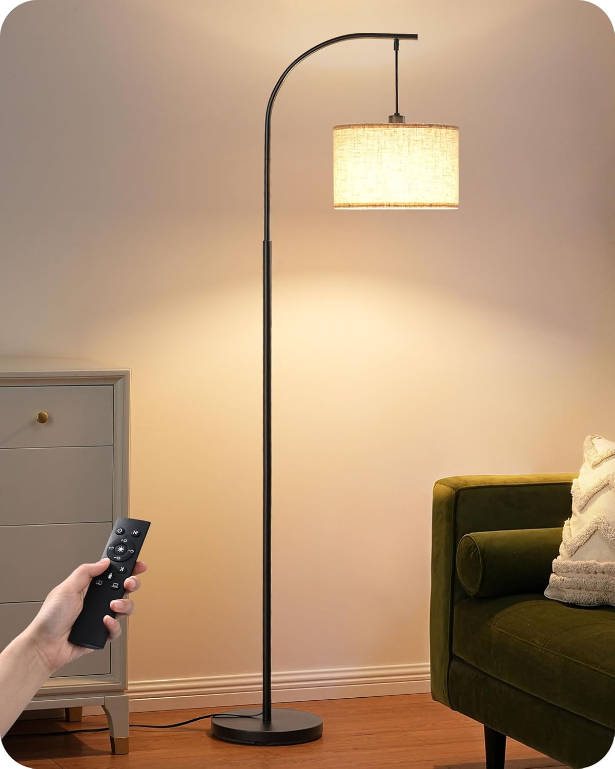 EDISHINE Modern Arc Floor Lamp with Beige Linen Drum Shade & Heavy Base, Dimmable Black Reading Light, Remote Control Bulb Included, Tall Standing Lamp for Reading, Office, Lighting