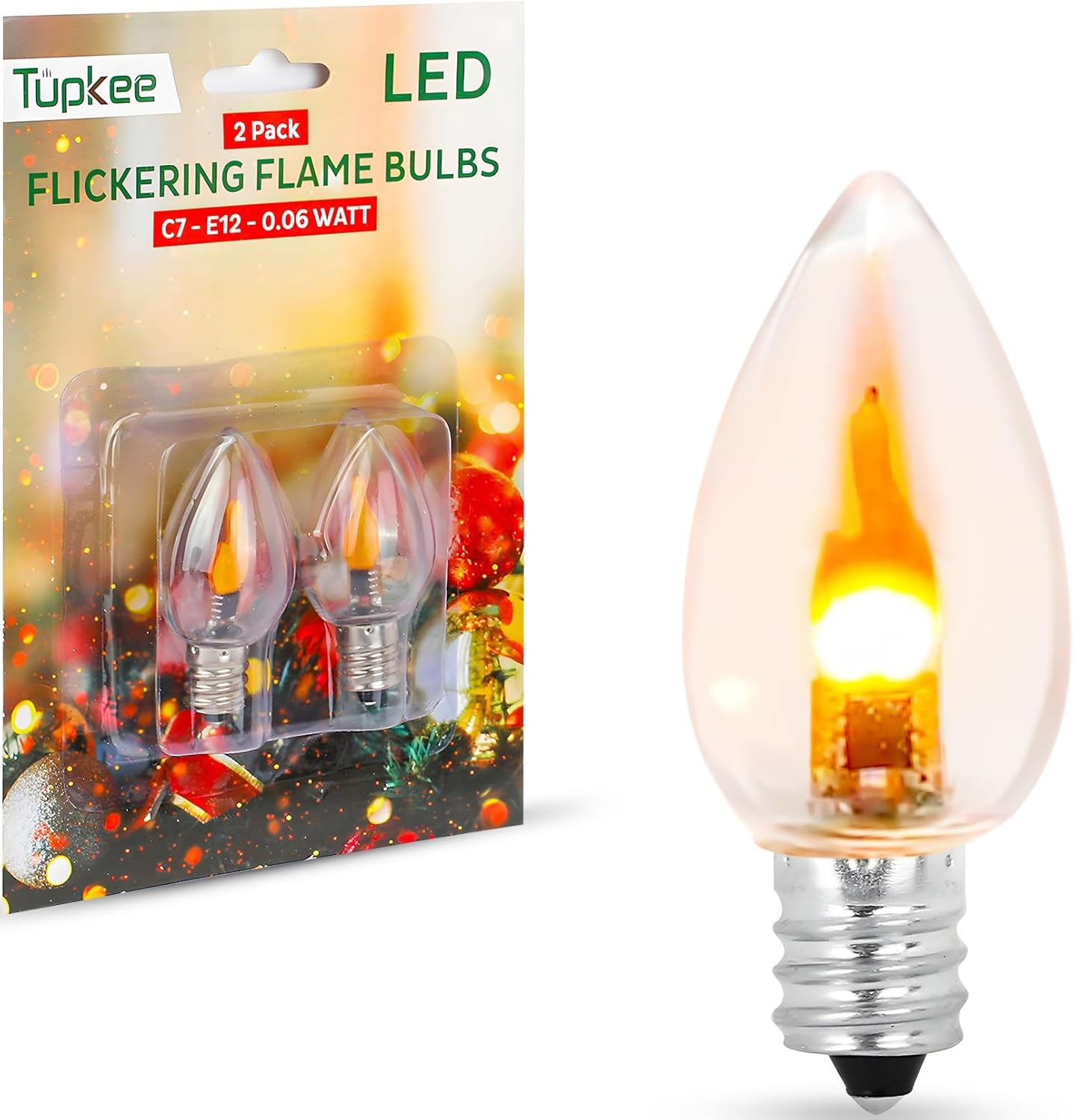 Tupkee LED Flickering Flame Bulb  C7, E12 Base, 0.06 Watt, Flicker Flame LED Bulb with a Warm Glow That Flickers and Dances Up and Down - for Halloween, Christmas Candolier Window Candle - 2/Pkg