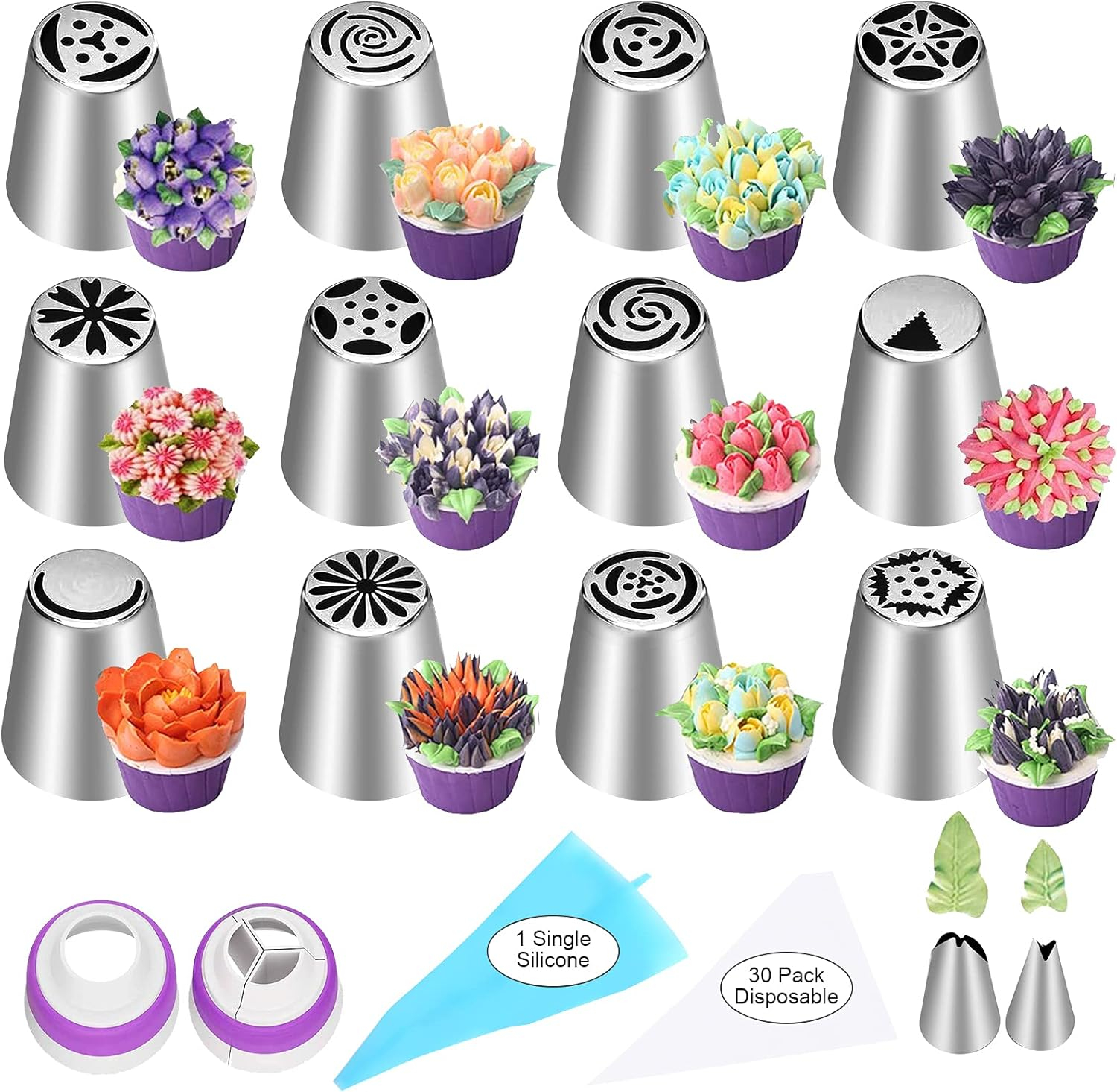 47 Pcs Russian Piping Tips Set, 12 Flower Frosting Nozzles Icing Tips for Cake Decorating Tips Kit, Baking Supplies for Cookie Cupcake, 2 Leaf Piping Tips 2 Couplers 30 Pastry Baking Bags YLYL