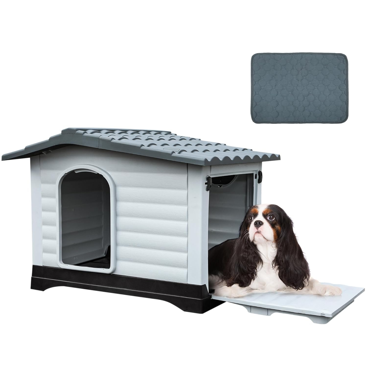 YITAHOME 36'' Large Double Door Dog House with Porch & Cushion, Outdoor Plastic Doghouse with Elevated Base, Easy to Install, Water-Resistant Pet House for Small Medium Dogs (36''L*27.1''W*26''H)