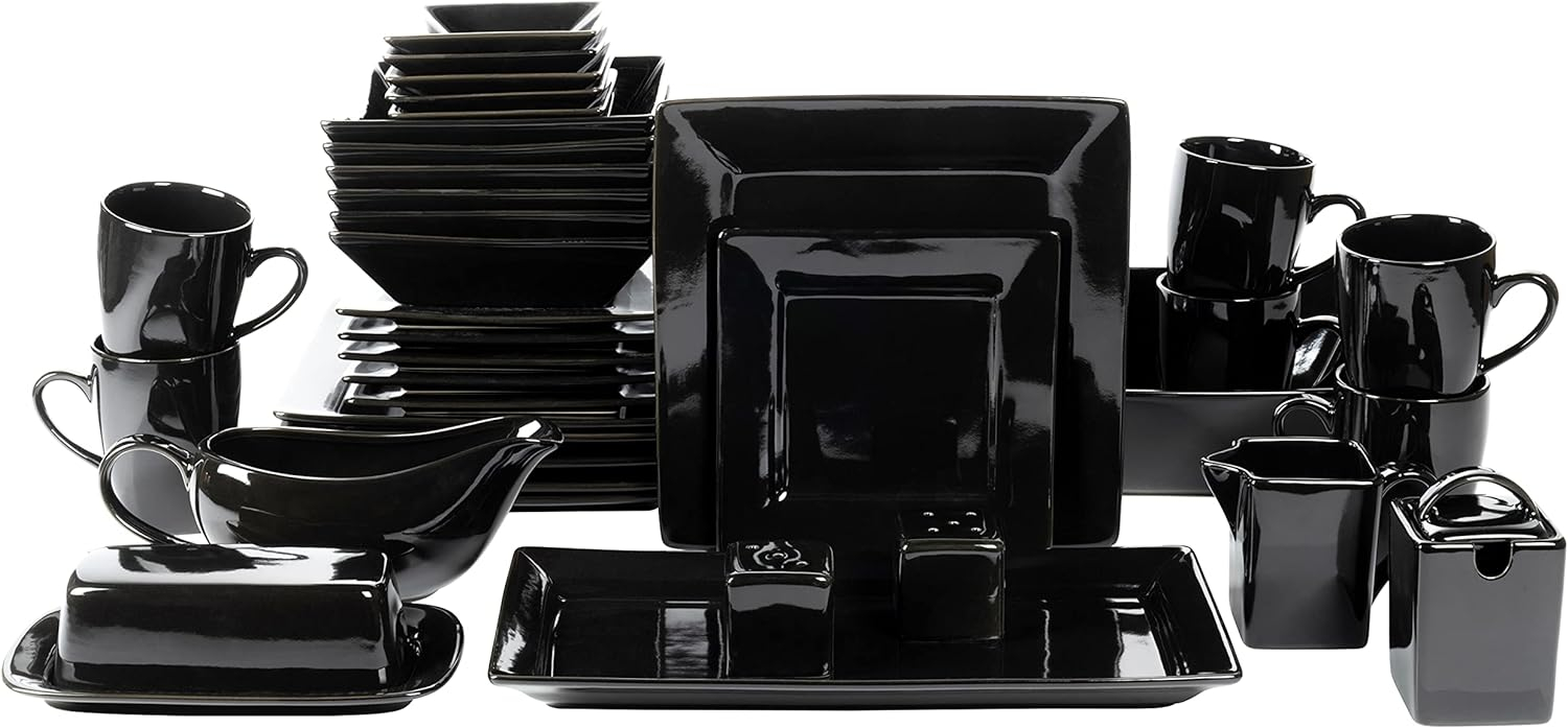 10 Strawberry Street Nova Square 40 Piece Stoneware Dinnerware Set, Black