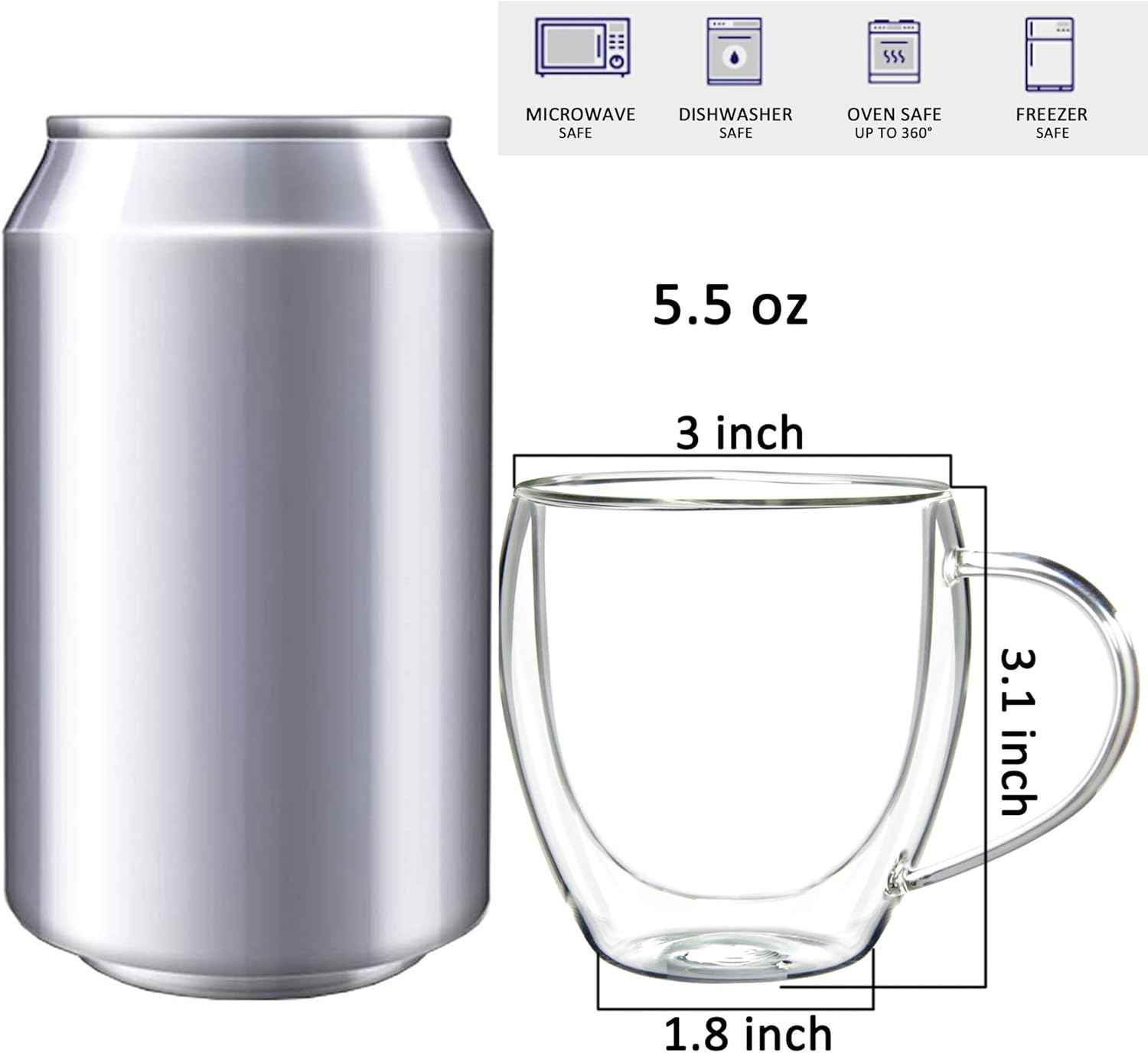 2 Pack Glass Espresso Mugs, Double Wall Thermo Insulated Glass Coffee Cups, Glass Coffee Mugs, 5.5 Ounce - Tall YE949.588