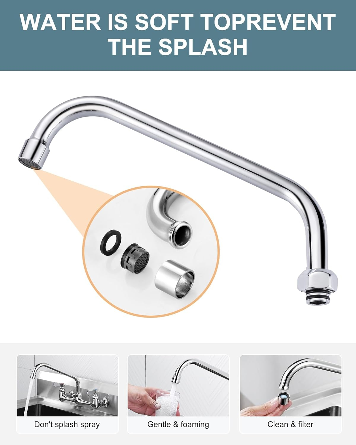 Commercial Faucet Swivel Spout Replacement: 10“ Add-on Swing Nozzle Spout - Chrome Polished Spout Replacement Part For Commercial Kitchen Sink Faucet - 1.8gpm/ 2.2gpm Aerator - G3/4 Internal Thread