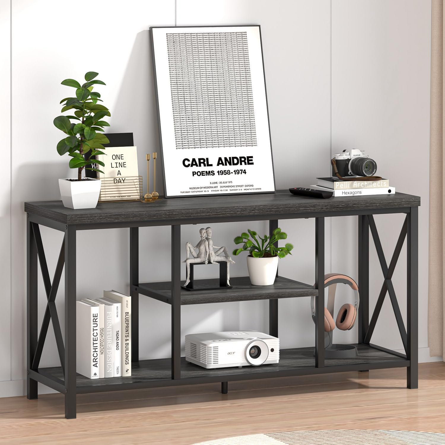 FOLUBAN TV Stand for TV up to 65 inch, Rustic Wood and Metal Entertainment Center with Storage Shelves, Modern Industrial Media TV Console Table for Living Room, Oak 55 inch