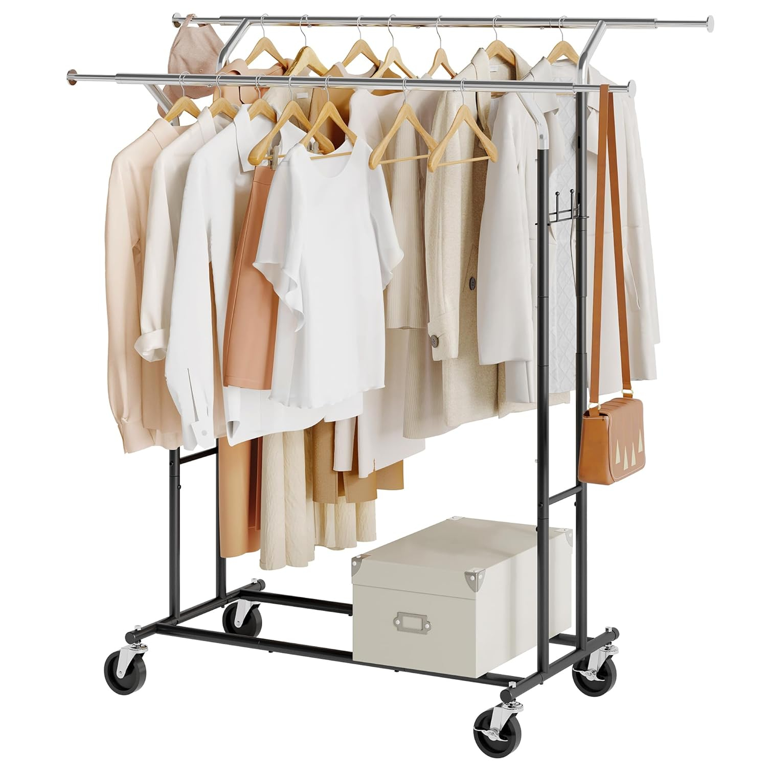 Clothes Rack Heavy Duty Rolling Garment Rack with Wheels and Extendable Double Rods, Collapsible Clothing Racks For Hanging Clothes, Adjustable Commercial Clothes Rack with Shelf, Black&Chrome