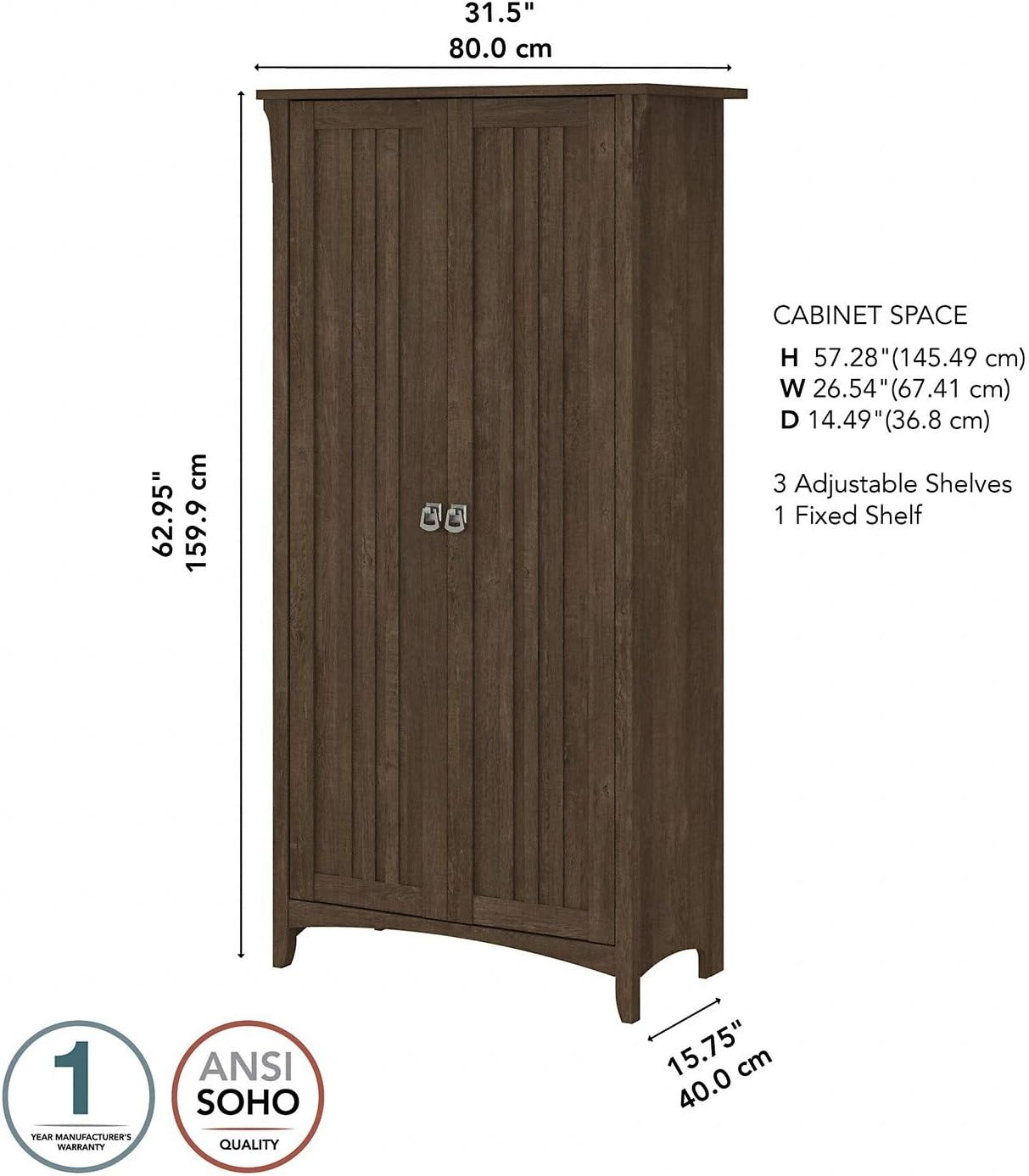 Bush Furniture Salinas Kitchen Pantry Cabinet with Doors, Ash Brown