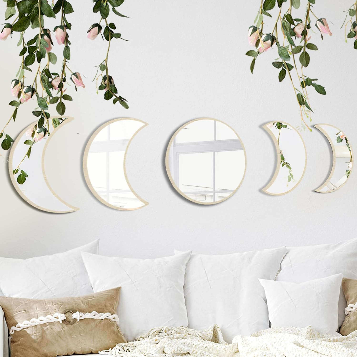 YUBAIHUI 5pcs Boho Home Wall Decor Moon Phase Decorative Mirror Set Acrylic Bedroom Bohemian Decoration Self Adhesive Ornament Living Room Decor (Beige)