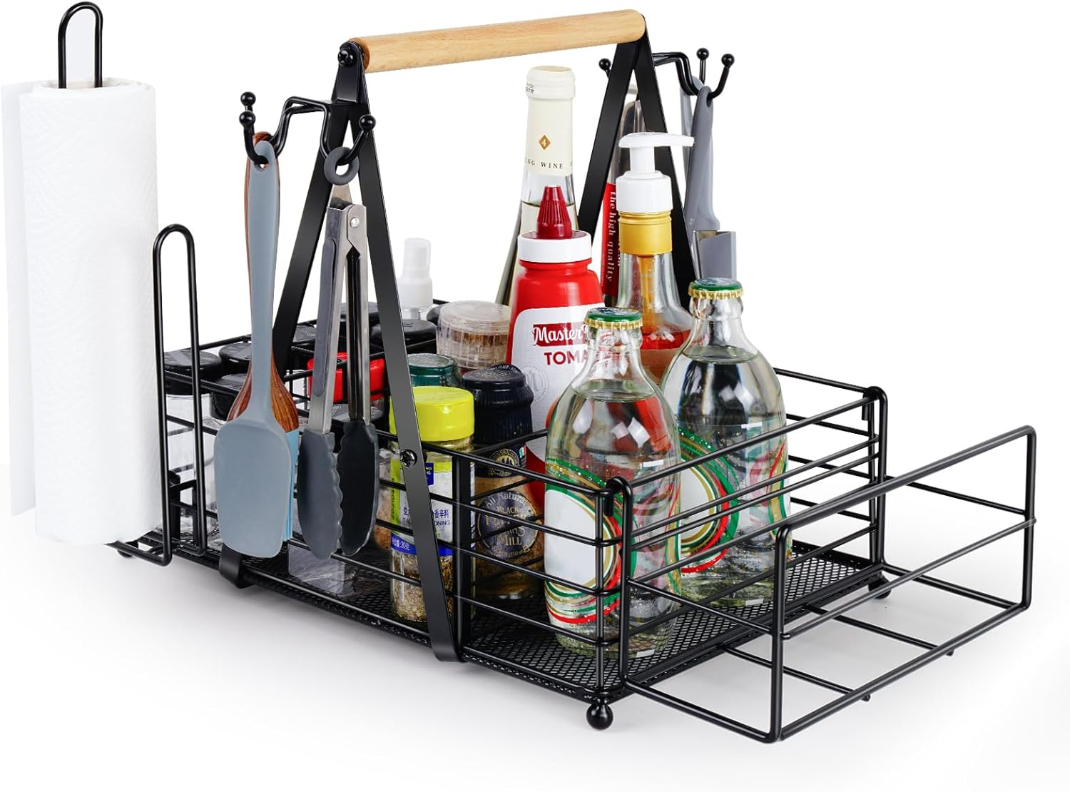 Grill Caddy Metal BBQ Caddy with Paper Towel Holder Utensil Picnic Condiment Large BBQ Grill Tool Holder Organizer Storage Adjustable Compartment Storage