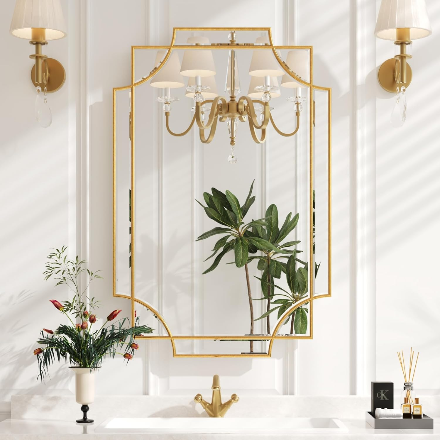 Kelly Miller Gold Bathroom Mirror for Wall, 24"x36" Large Decorative Mirror Gold Wall Mirror Vanity Mirror Beveled Wall Decor for Master Bath Half Bath Living Room Bedroom Fireplace Mantle Entryway