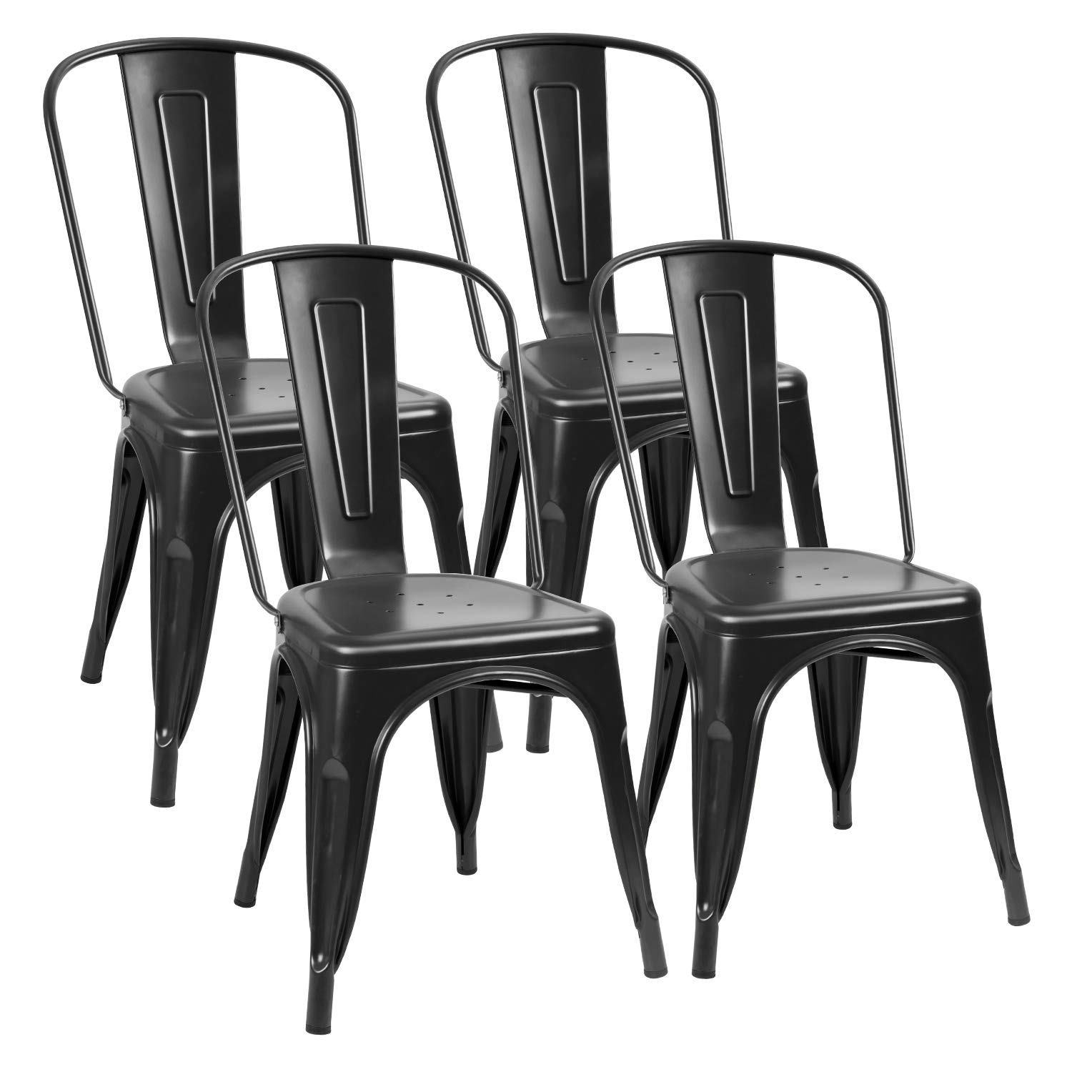 Flamaker Metal Dining Chairs Indoor-Outdoor Use Stackable Side Chairs with Back Industrial Kitchen Classic Trattoria Chair Set of 4 (Black)
