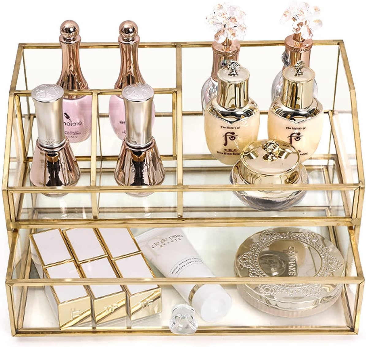 Glass Makeup Brush Holder, Makeup Brush Organizer Jewelry Display Box, Nordic Style Elegant Glass Makeup Organizer Nail Polish Lipsticks Eyeliners Holder for Vanity Bathroom Bedroom Office