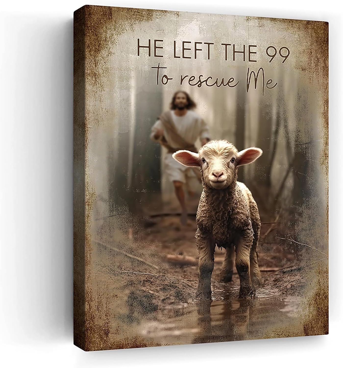 Jesus Running After Lost Lamb Canvas Print with Quote
