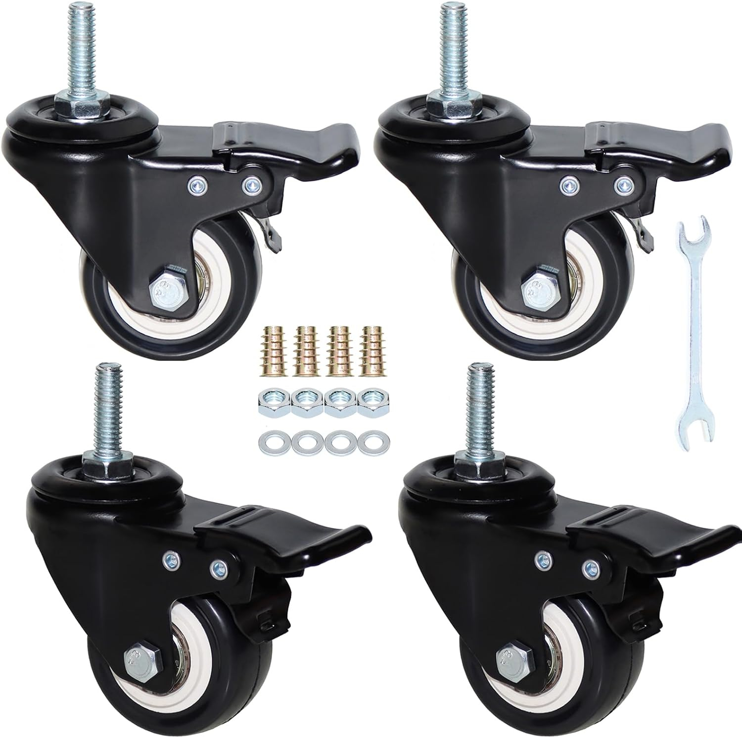 2'' Caster Wheels, Swivel Stem Casters 5/16'' - 18x1'' (Screw Diameter 5/16'', Screw Height 1'') 330Lbs Heavy Duty Threaded Casters No Noise PU Dual Locking Castors with Brake