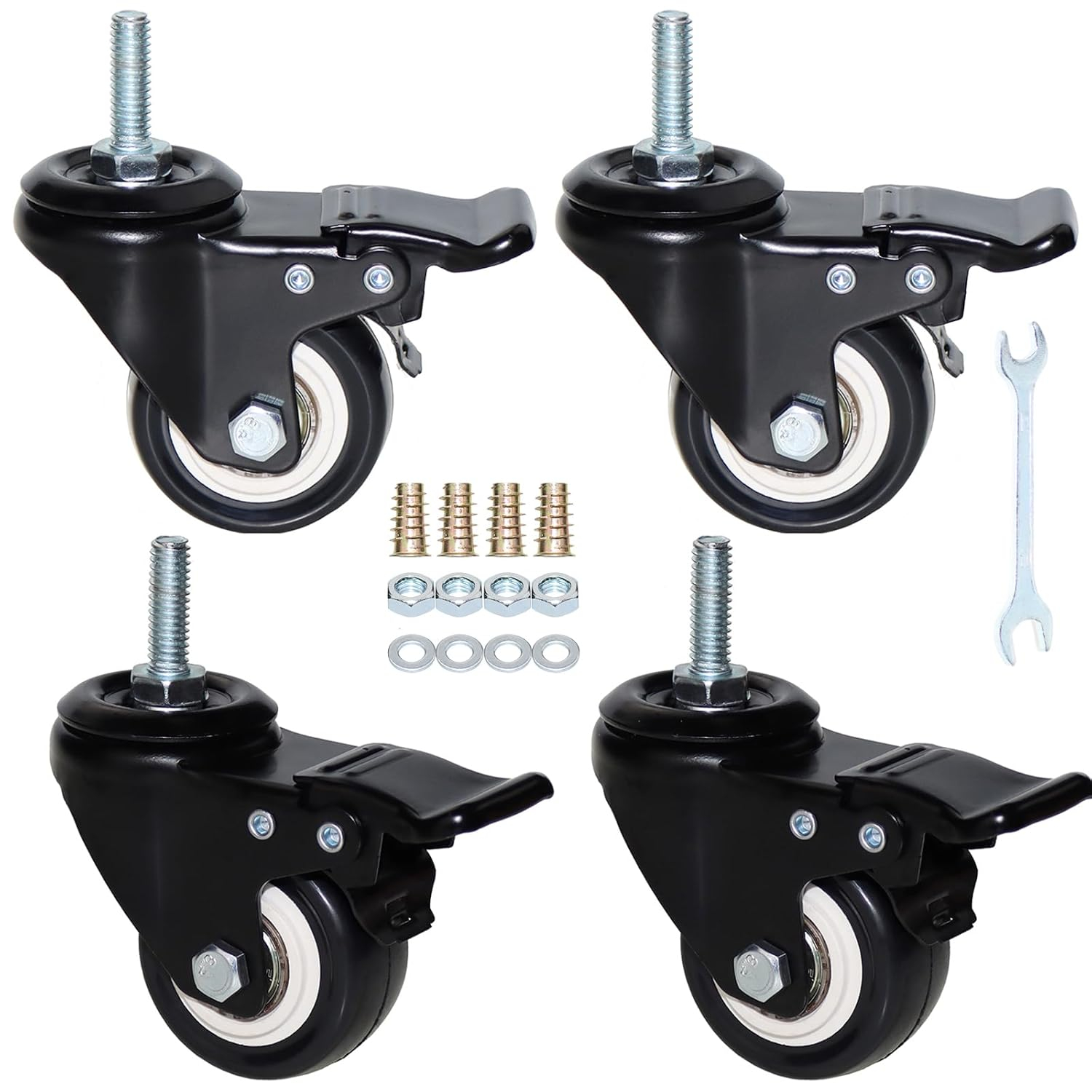 2'' Caster Wheels, Swivel Stem Casters 5/16'' - 18x1'' (Screw Diameter 5/16'', Screw Height 1'') 330Lbs Heavy Duty Threaded Casters No Noise PU Dual Locking Castors with Brake