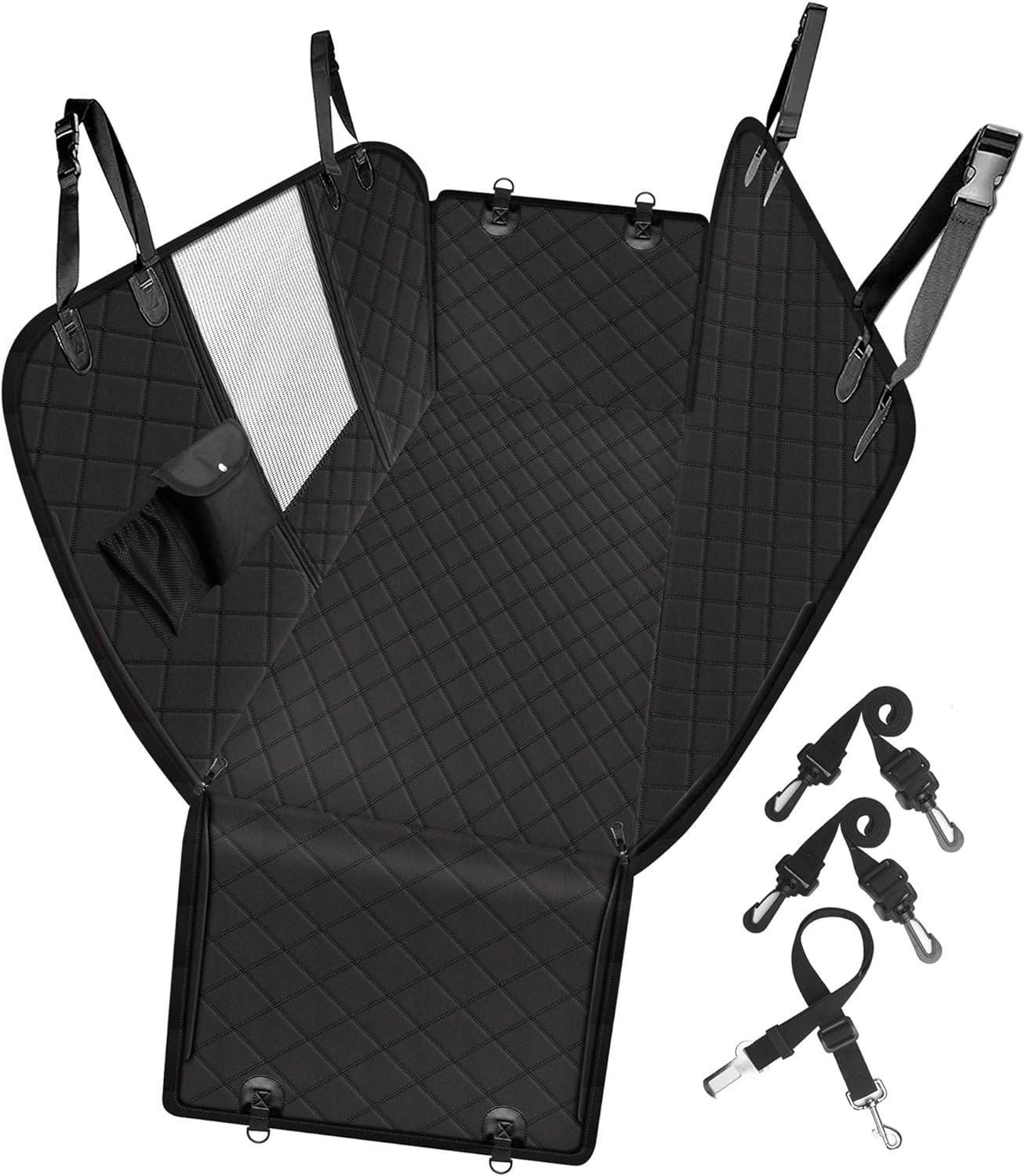 Dog Car Seat Cover with Storage Pockets Mesh Visual Window, Waterproof Nonslip , Heavy Duty Scratchproof Pet Dog Back Seat Cover Hammock for Cars Trucks and SUVs
