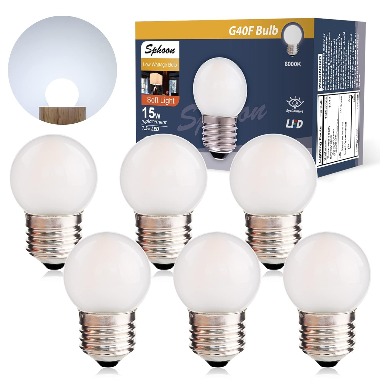 Globe Led Low Watt Light Bulbs 1.5W Equivalent 15 watt Soft White 6000k Frosted, Tiny G40 Bulbs for Bed-Side Table, Vanity Mirror, Porch, Home Decor, E26 Base Low Lumens Light Bulbs, Pack of 6