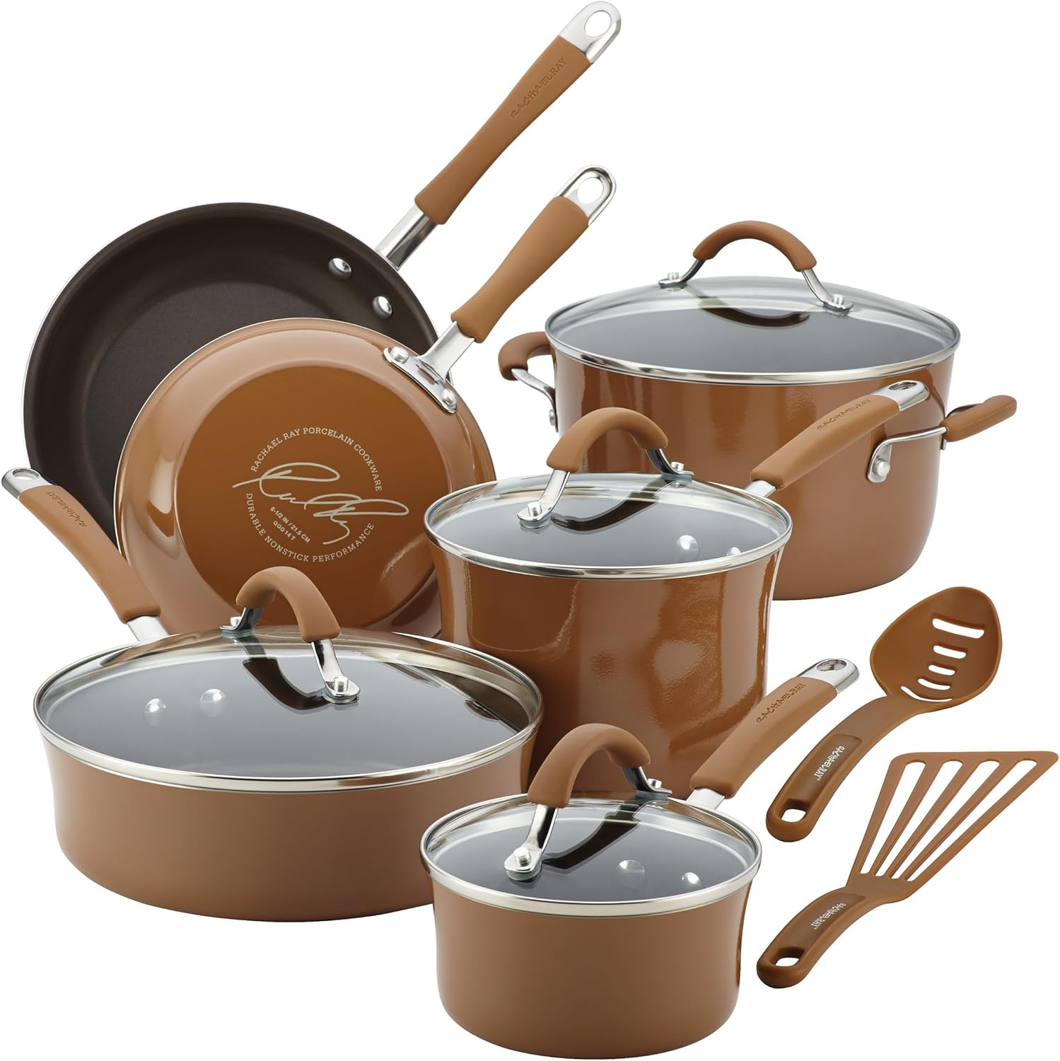 Rachael Ray Cucina Juego de Ollas y Sartenes Antiadherentes, 12 Piezas, Marrón Hongo