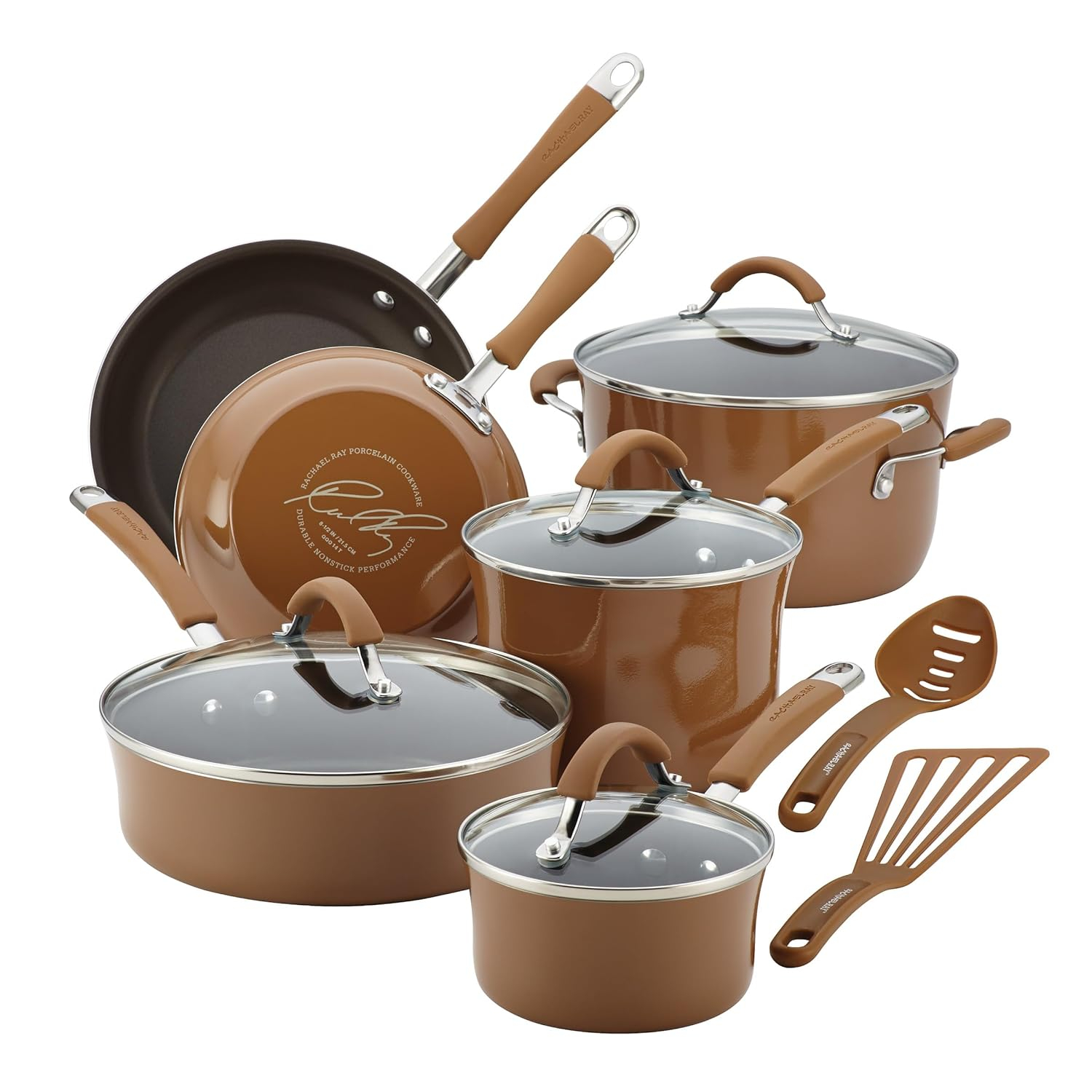 Rachael Ray Cucina Juego de Ollas y Sartenes Antiadherentes, 12 Piezas, Marrón Hongo