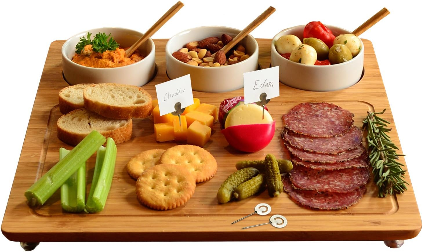 Picnic at Ascot Bamboo Cheese Board/Charcuterie Platter - Includes 3 Ceramic Bowls with Bamboo Spoons & Cheese Markers -13"x 13"- Designed and Quality Checked in the USA
