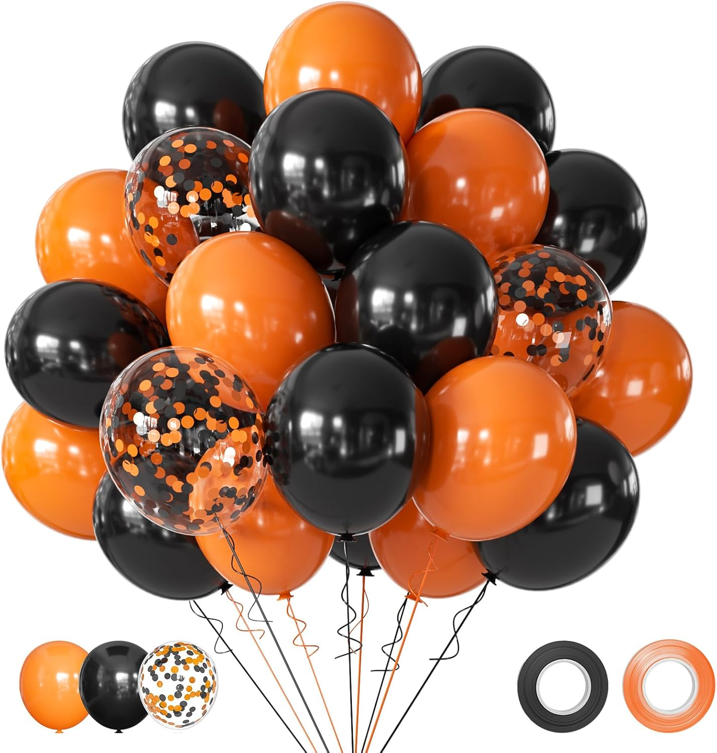 Halloween Party Black and Orange Latex Balloons with Confetti, 12 Inch, 50 Pcs
