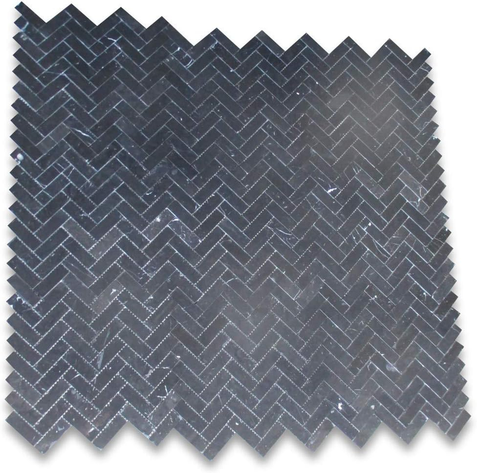 Stone Center Online Nero Marquina Black Marble 1x3 Herringbone Mosaic Tile Honed Kitchen Bath Wall Floor Backsplash Shower (1 Sheet)