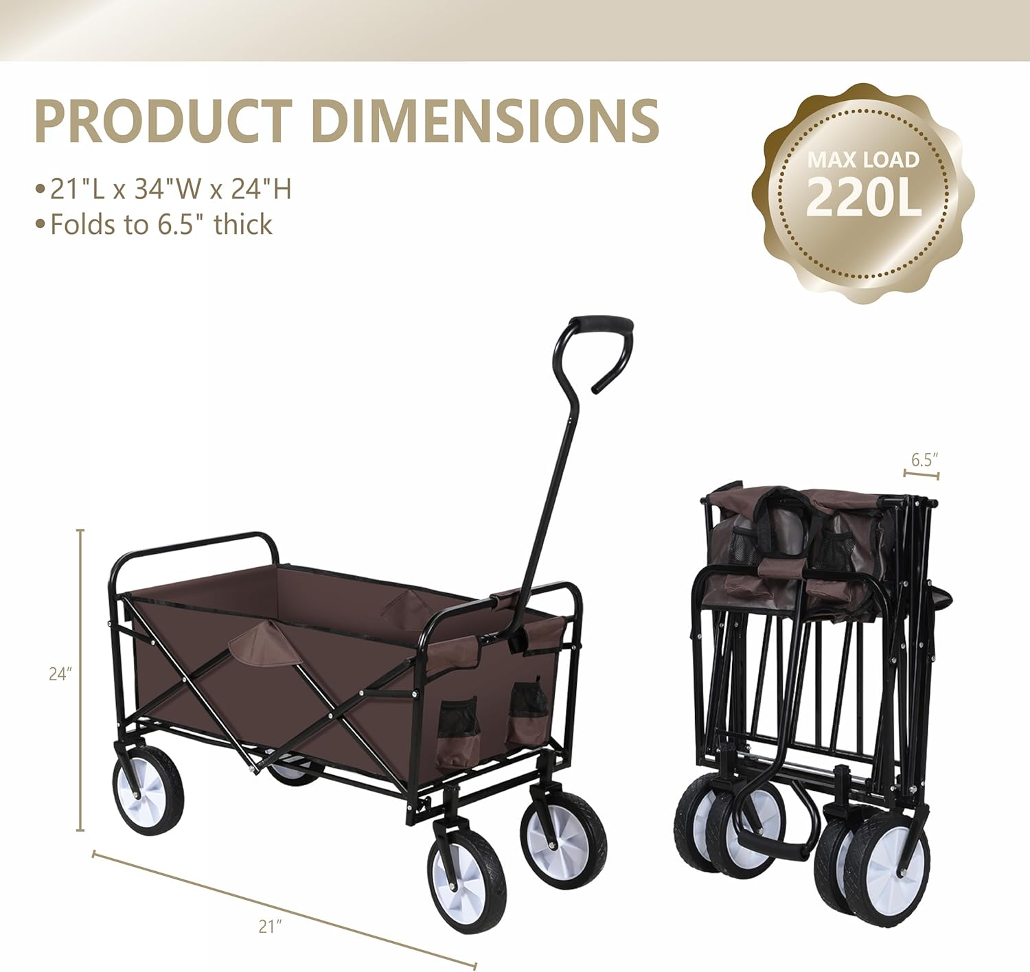 Brown Collapsible Garden Wagon with Swivel Wheels