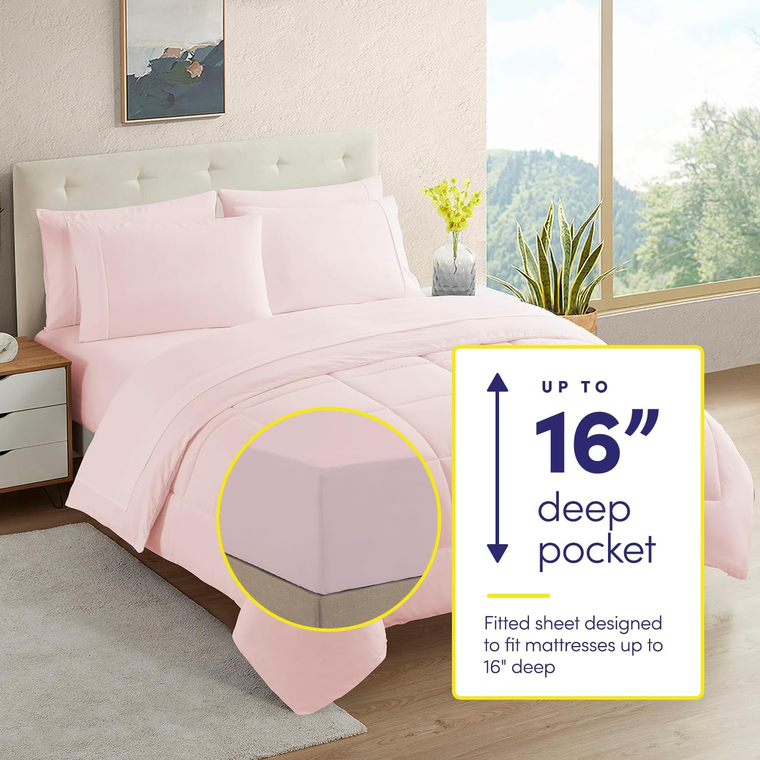 Sweet Home Collection 7 Piece Comforter Set Bag Solid Color All Season Soft Down Alternative Blanket & Luxurious Microfiber Bed Sheets, Pale Pink, Full