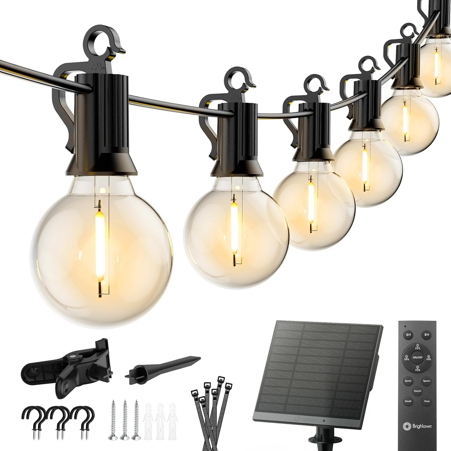 29Feet Solar String Lights Outdoor G40 Patio Lights with 25 LED Shatterproof Bulbs, 4 Light Modes, Weatherproof Hanging Lights for Backyard Bistro Pergola Party Decor, E12 Base, 2700K, Black