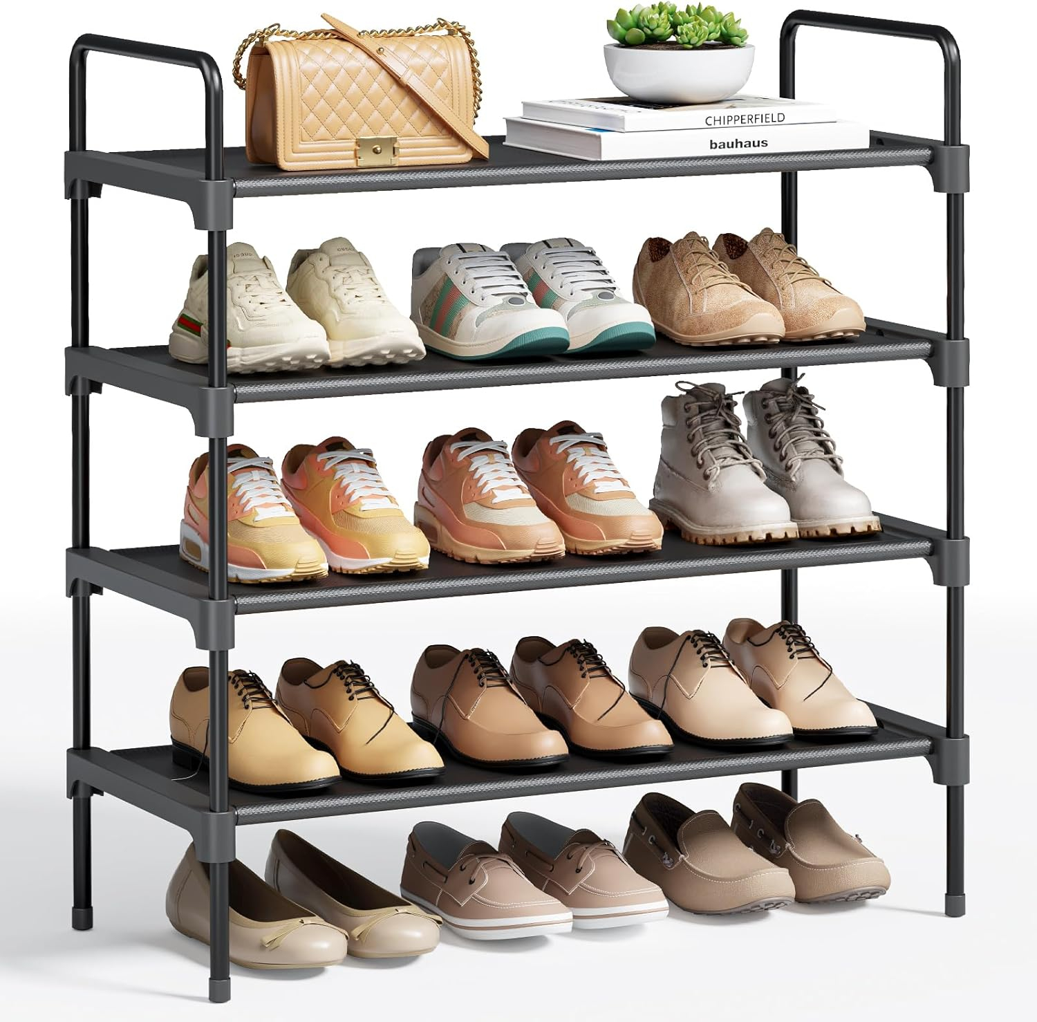 Kitsure 4-Tier Shoe Rack - Metal Shoe Organizer and Shoe Shelf with Handle, Easy-Assembly, Sturdy Shoe Rack for Closet, Entryway, Bedroom (Black, 26.6'' x 11.4'' x 29.5'')