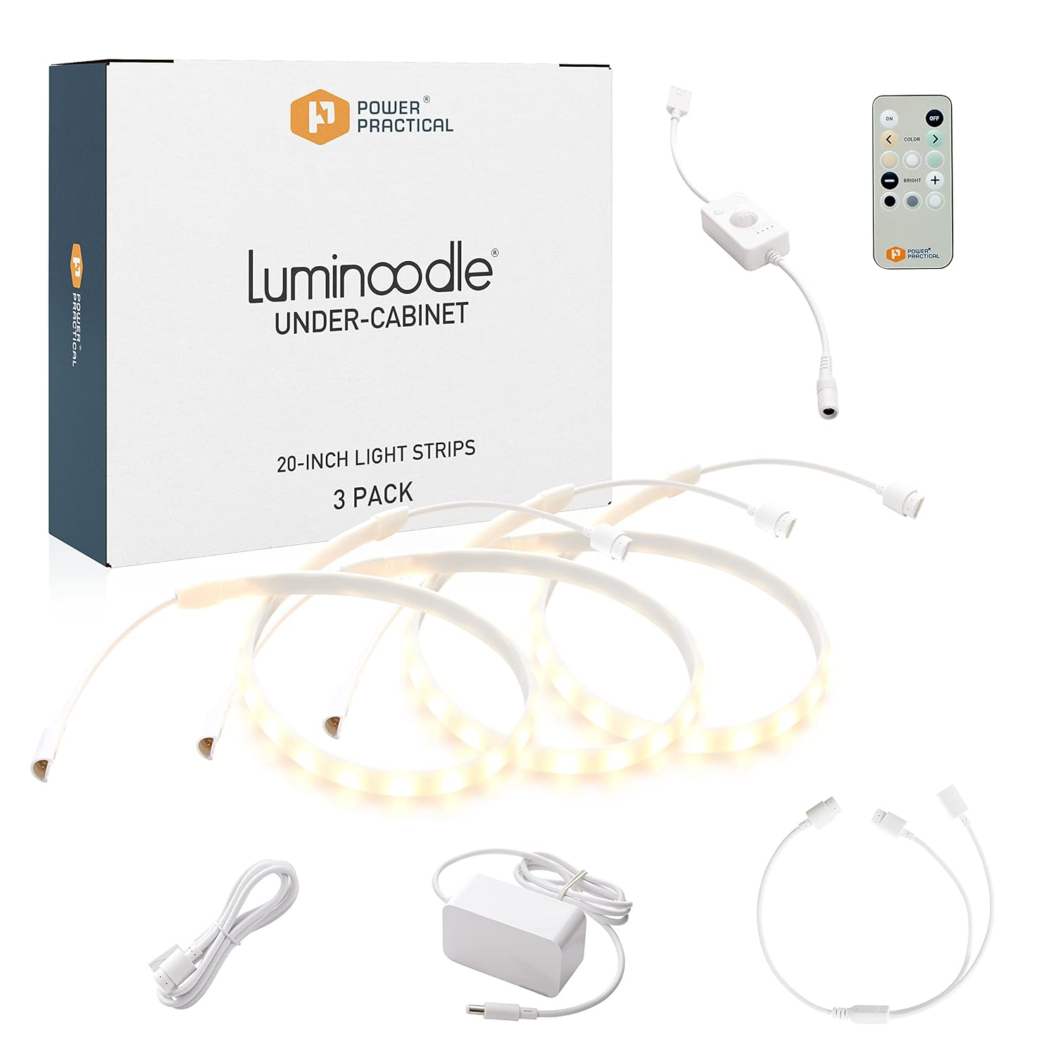 Power Practical Under Cabinet LED Light Kit for Kitchen - 3 Lighting Strips, Power Supply, Motion Sensor, Mounting Brackets for Lights, Manual